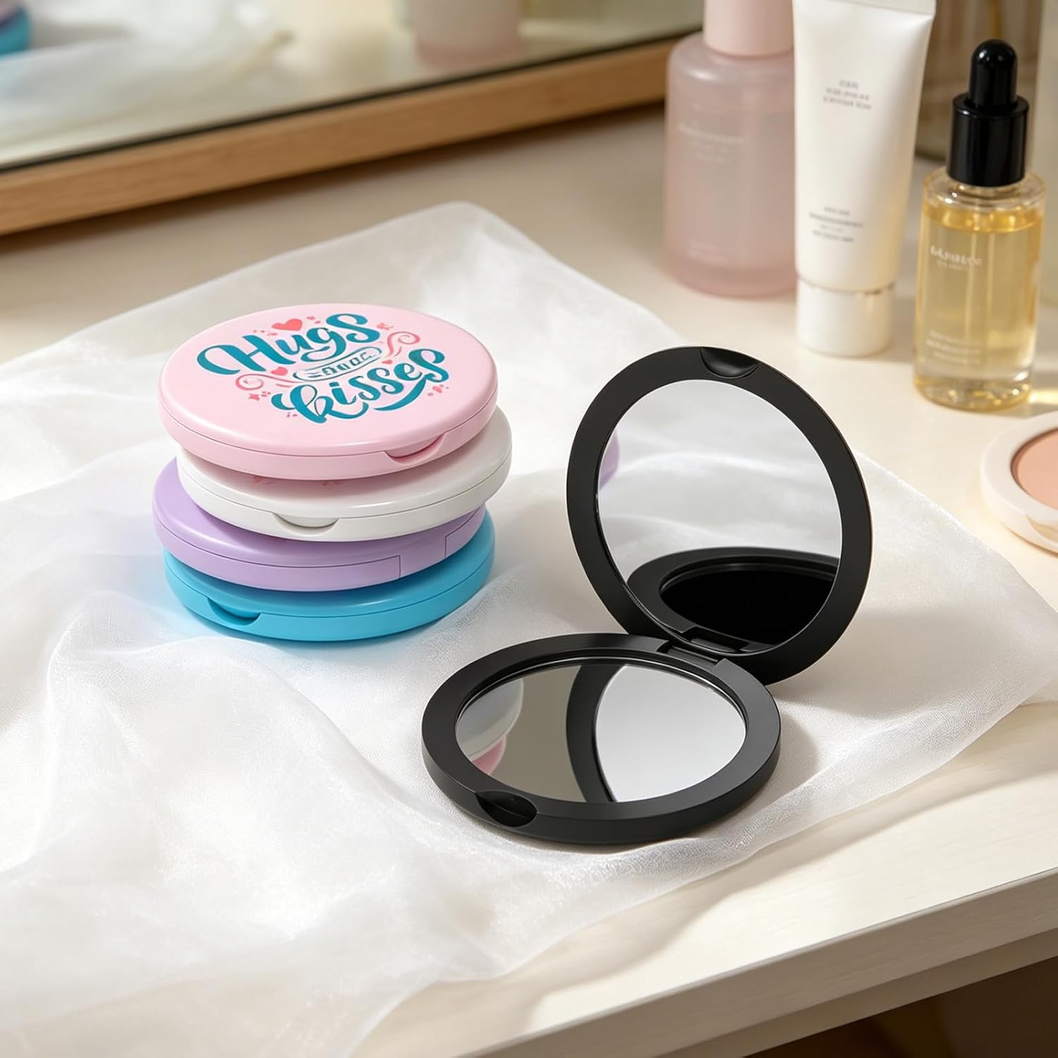 Custom Portable Compact Mirror, Personalized Makeup Mirror with Double Sided Glass, Print Photo, Logo and Text on Both Sides, Pocket Mirror for Travel, Purse, Bridesmaid Gift 10-100 Pcs (White)