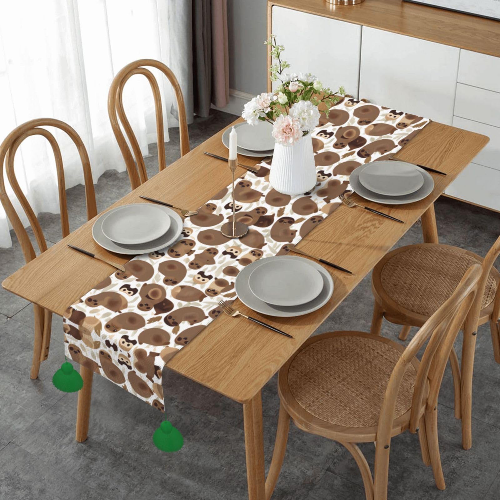 Chemin de table rustique marron motif paresseux pour la cuisine et les repas