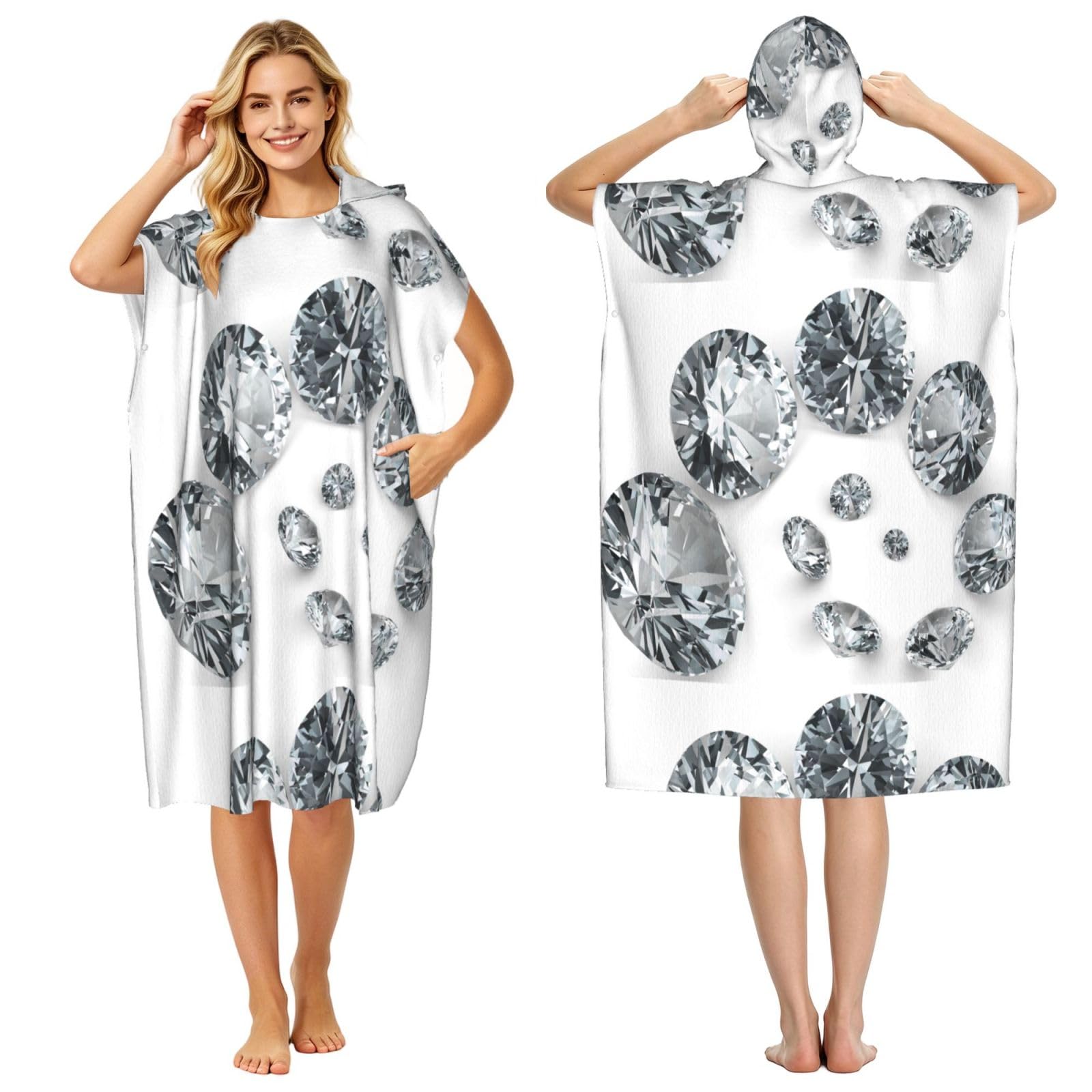 Poadnly Gems Diamond Jewelry Jewels Luxury Printed, Adult Hooded Beach Towel 90 x 110 cm,Changing Bath Robe, Surf Poncho Towel For Women Men