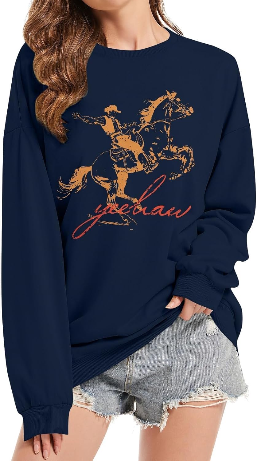JINTING Western Sweatshirts for Women Rodeo Skull Cow Sweatshirt Long Live Cowgirls Pullover Retro Long Sleeve Shirt