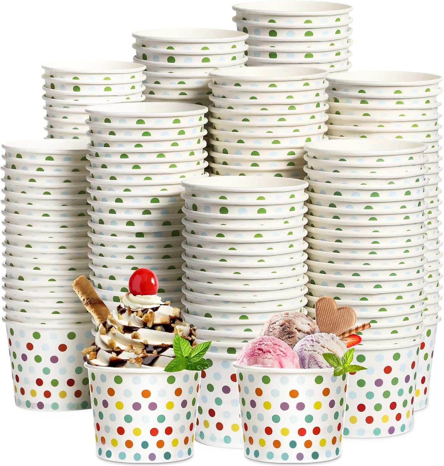 Eccliy 200 Pack Polka Dot Ice Cream Cups Bulk 5 oz Colorful Paper Sundae Bowls Disposable Dessert Container for Treat Snake Frozen Yogurt Summer Wedding Birthday Party Supplies