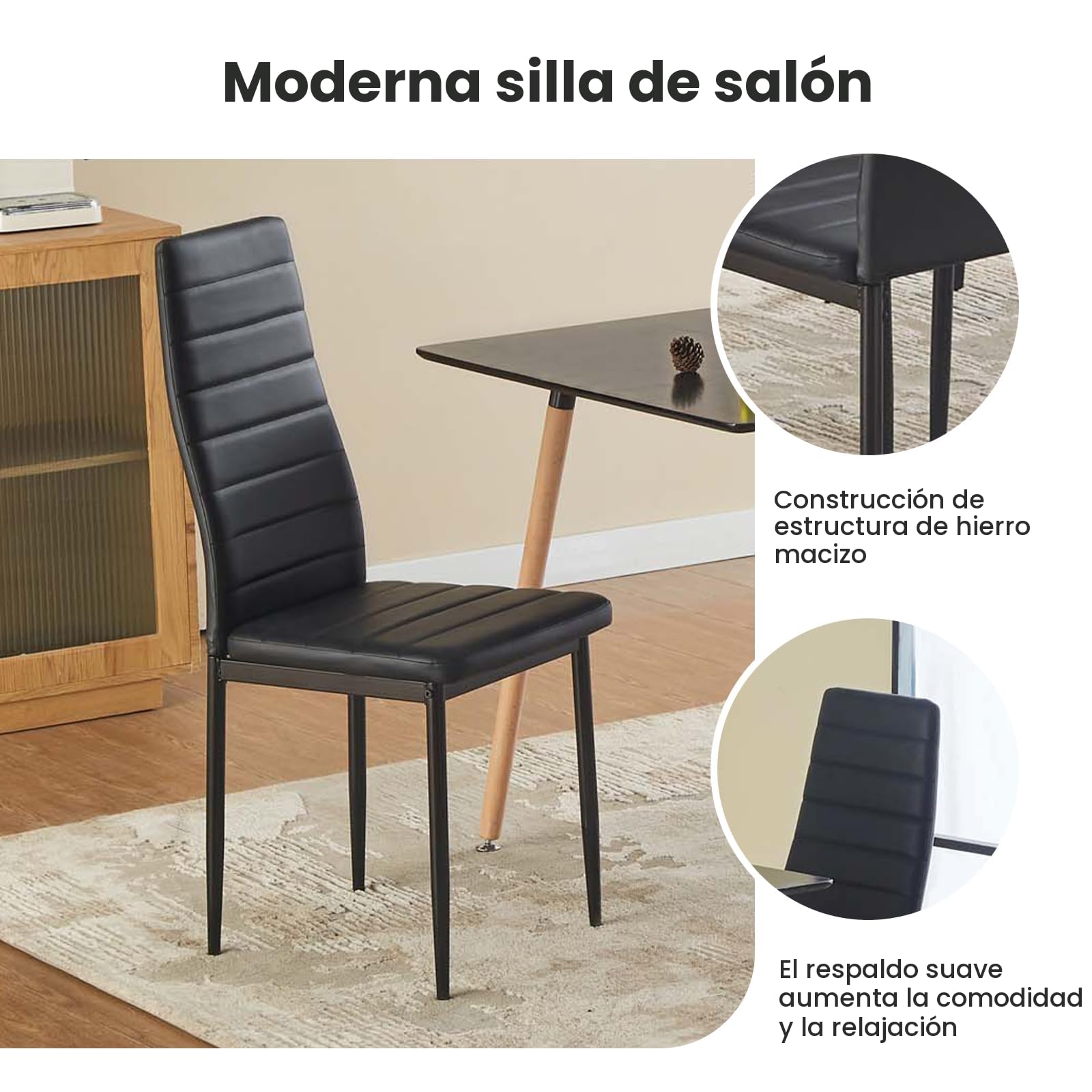 buybyroom Juego de 6 sillas de comedor Negro, sillas de cocina modernas con patas de metal, sillas tapizadas, Fácil de montar, adecuado para comedor, salón, cocina
