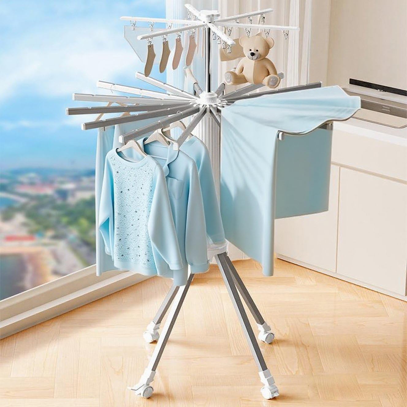 Clothes Drying Rack Foldable Outdoor Indoor,Drying Rack Clothing Collapsible,Folding Drying Dack Clothing,2 Tier Aluminum Foldable Laundry Drying Rack,24 Hooks 16 Hanging Bars