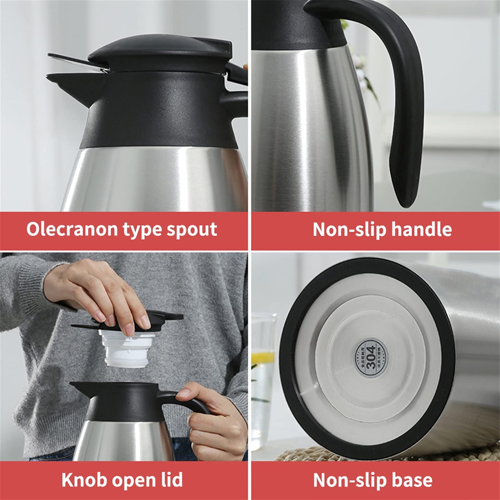 Jarra Térmica de Acero Inoxidable de 2 L, Jarra Térmica de Café, Termo de Té y Café para Catering, Bebidas frías Calientes, para El Hogar Y La Oficina