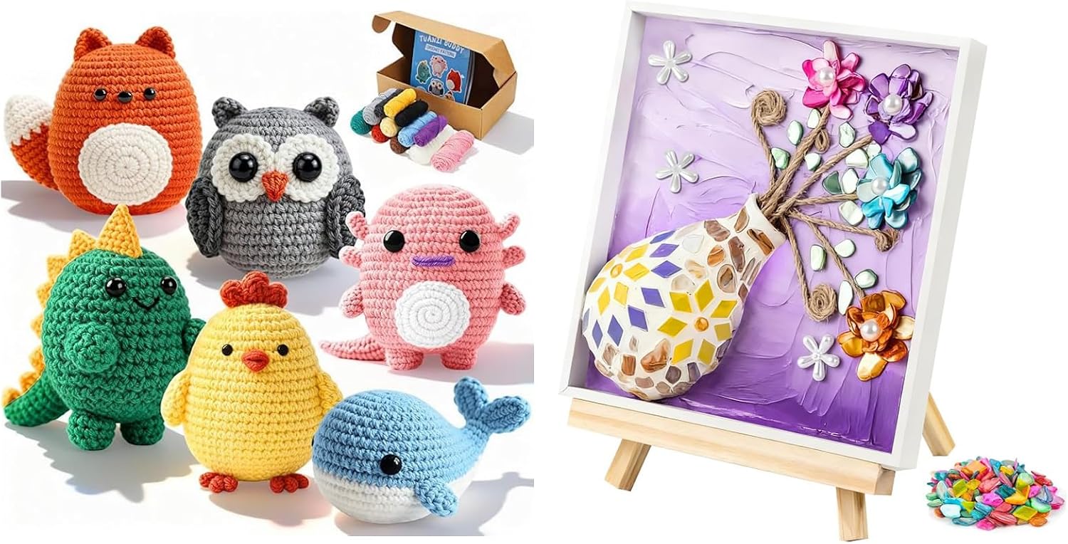Joyclub Bundle of 6 Pcs Crochet Kit for Beginners and DIY Vase Mosaic Painting Kit Mosaic Kits for Adults and Kids