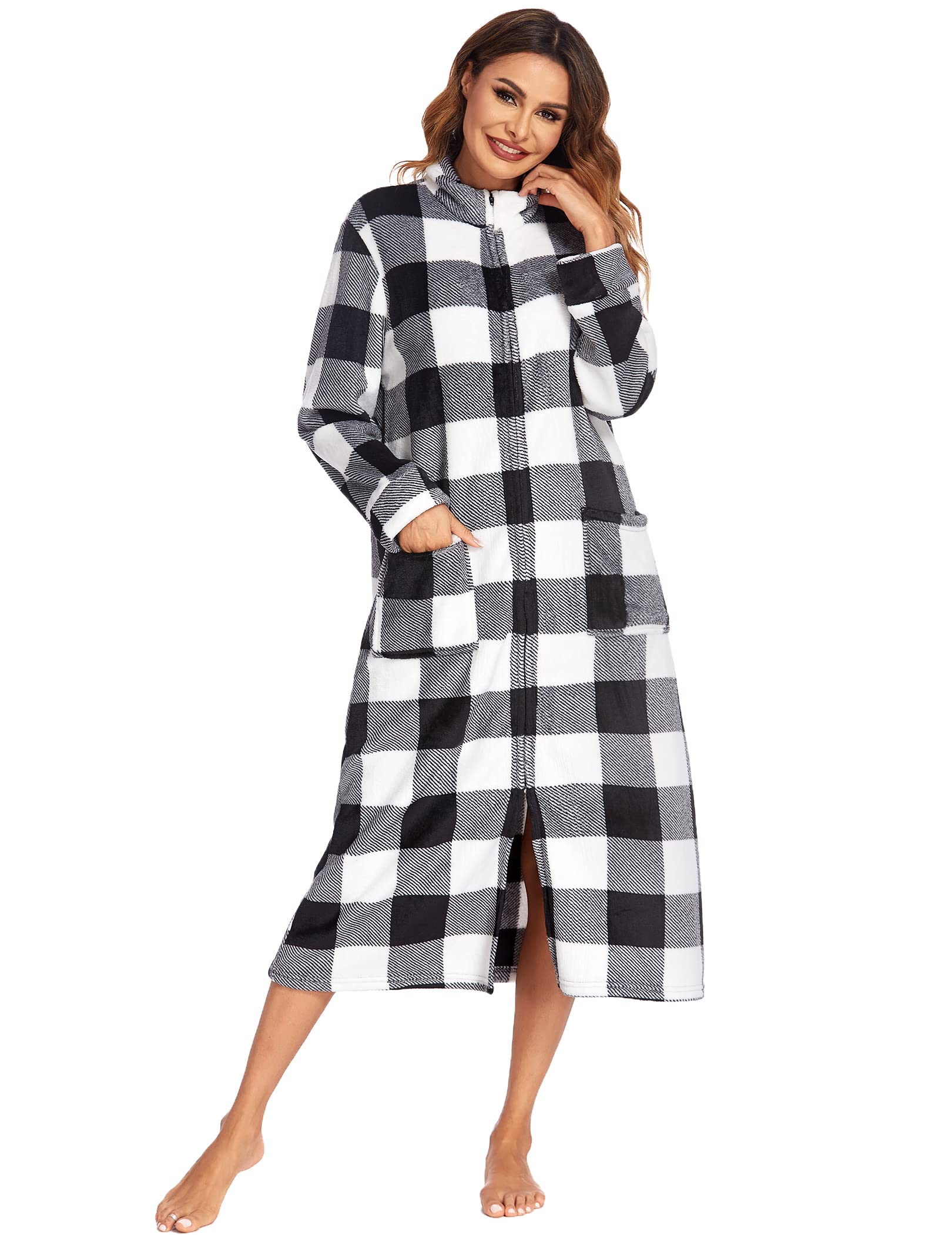 MAXMODAWomen's Zipper Fleece Robe Long Bathrobe Warm and Soft Housecoat with Pockets