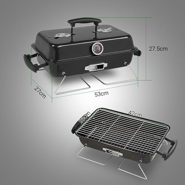 Portable Charcoal Grill, Tabletop Outdoor Barbecue Smoker, Small Folding BBQ Grill with Lid, Thermometer, Stainless Steel Legs for Camping Garden Party Picnic Cooking, Black - 2