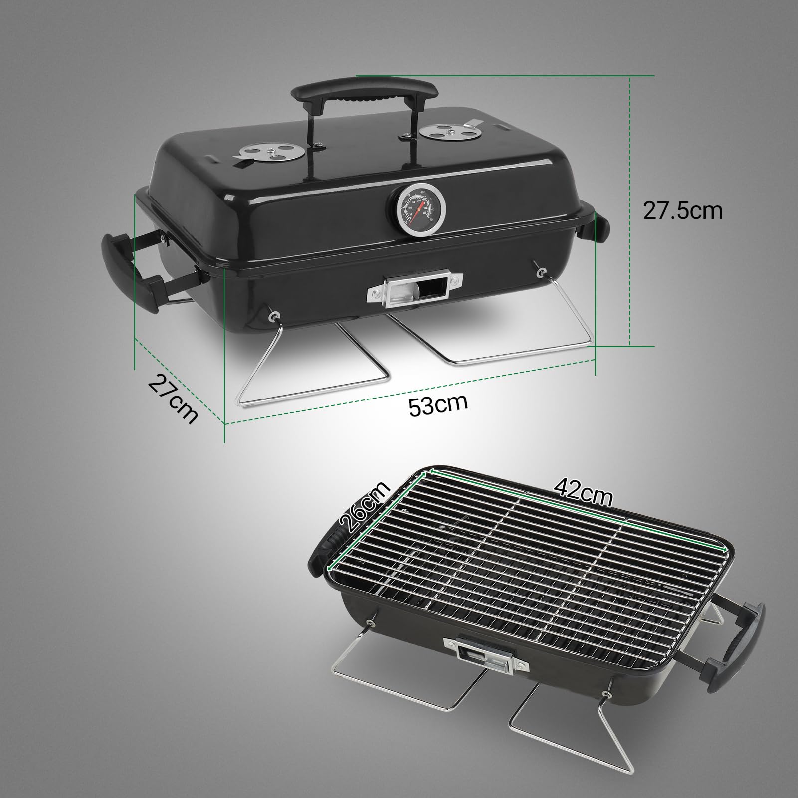 Portable Charcoal Grill, Tabletop Outdoor Barbecue Smoker, Small Folding BBQ Grill with Lid, Thermometer, Stainless Steel Legs for Camping Garden Party Picnic Cooking, Black - 2