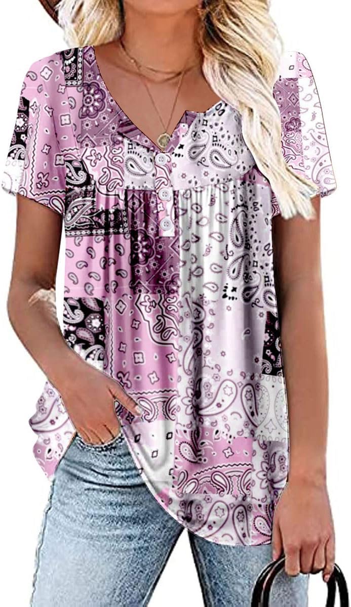 Womens Summer Plus Size Tops Blouses Short Sleeve Shirts Lace Pleated Tunic Tops M-4XL
