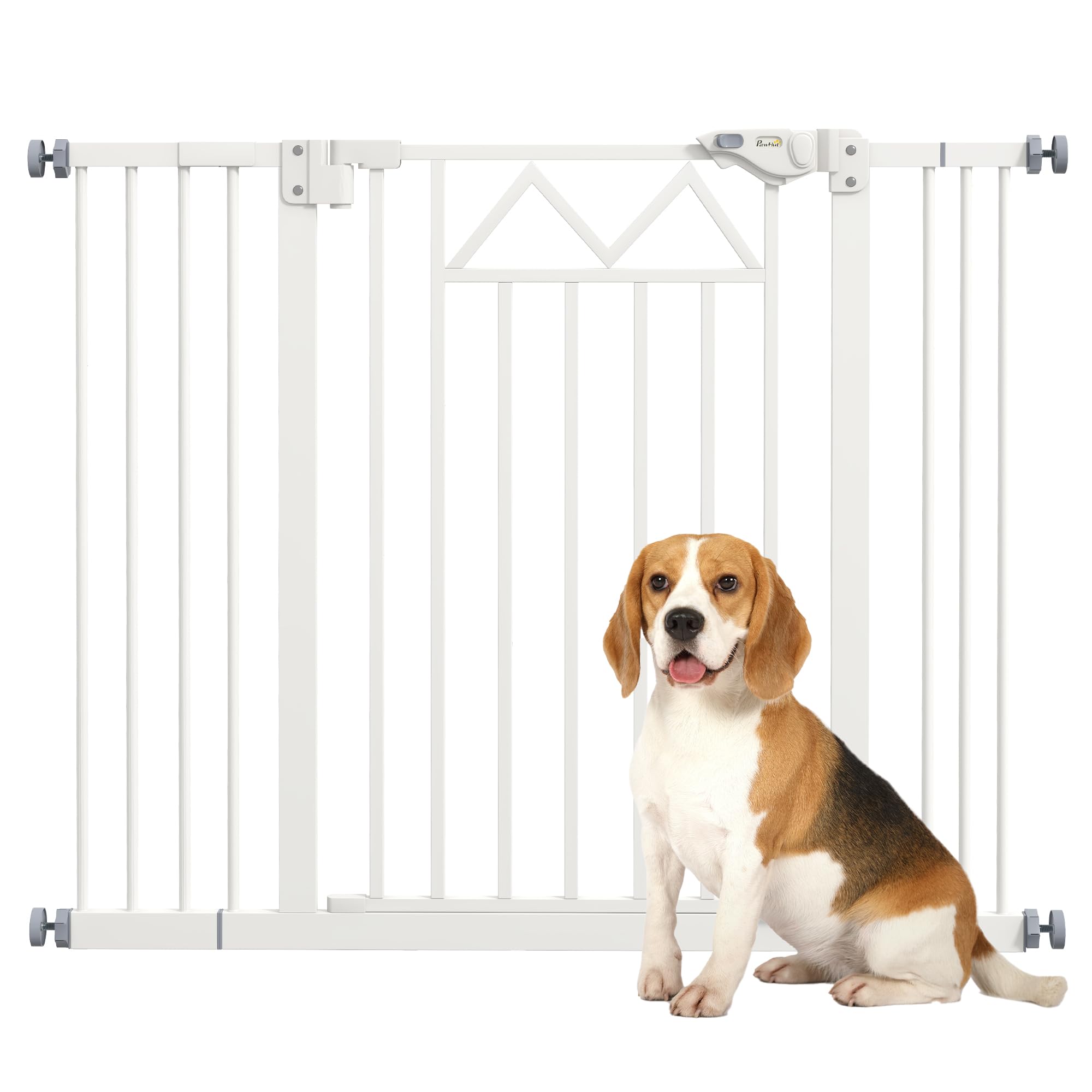 PawHut Puerta para perros de tamaño pequeño y mediano, extensible con cierre automático, barrera de seguridad de acero y poliamida, 74-100 x 76 cm, blanca