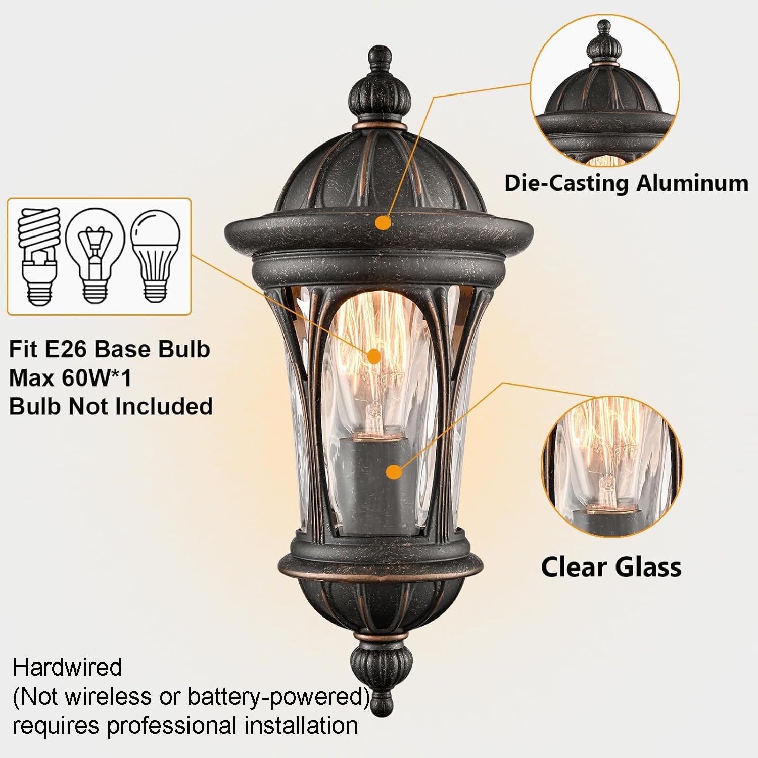Outdoor Wall Light Fixture, Vintage Black Brown Exterior Wall Sconce with Water Ripple Glass, E26 Base Waterproof IP54 Wall Lamp for Front Door, Garage, Garden, Patio