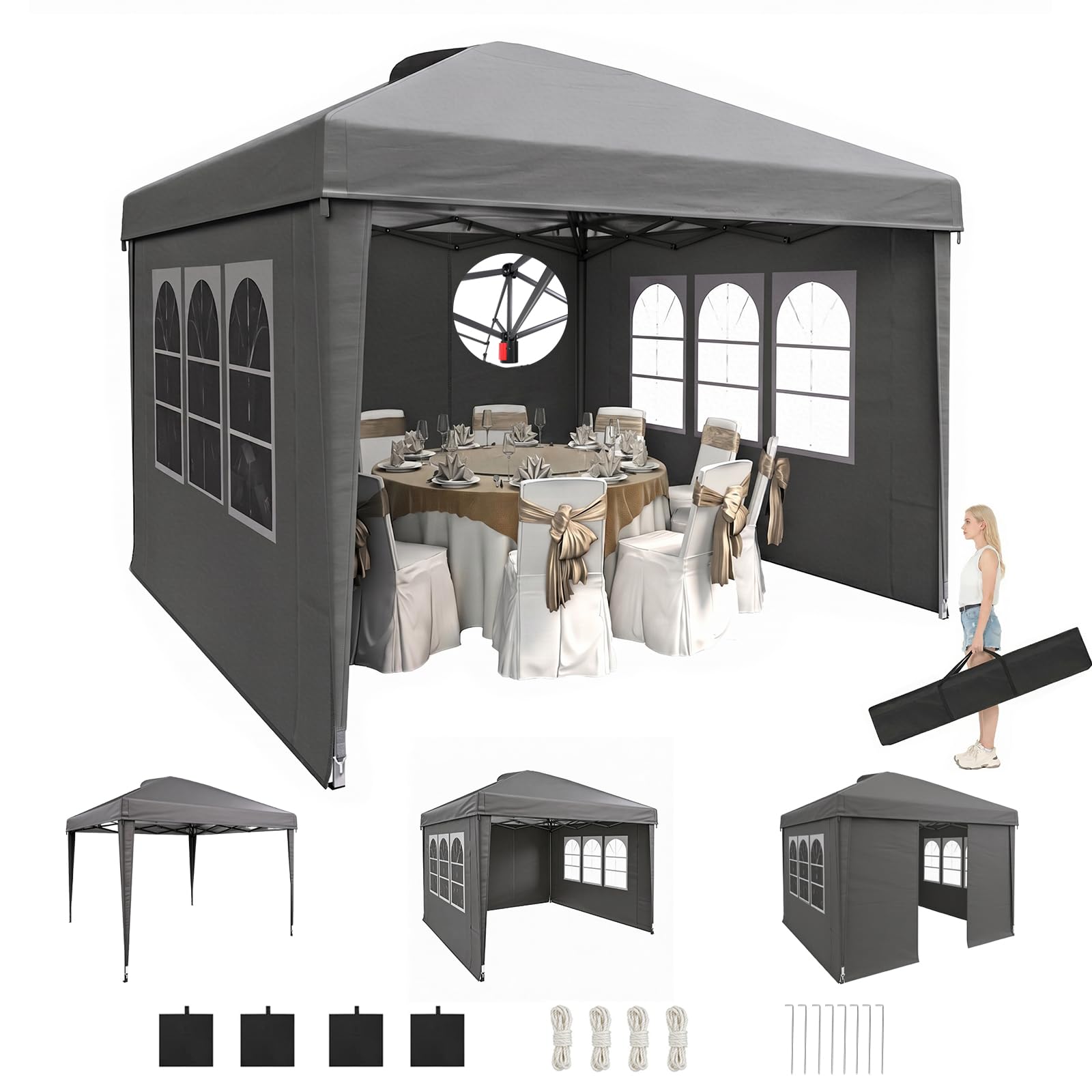 DSNAPE 3m x 3m Pop Up Gazebo with Sides, Central Lock System & 4 Weight Bags & Carry Bag, Water and UV50+, Easy Setup Resistant Marquee Garden Party Tent for Outdoor Events, Grey