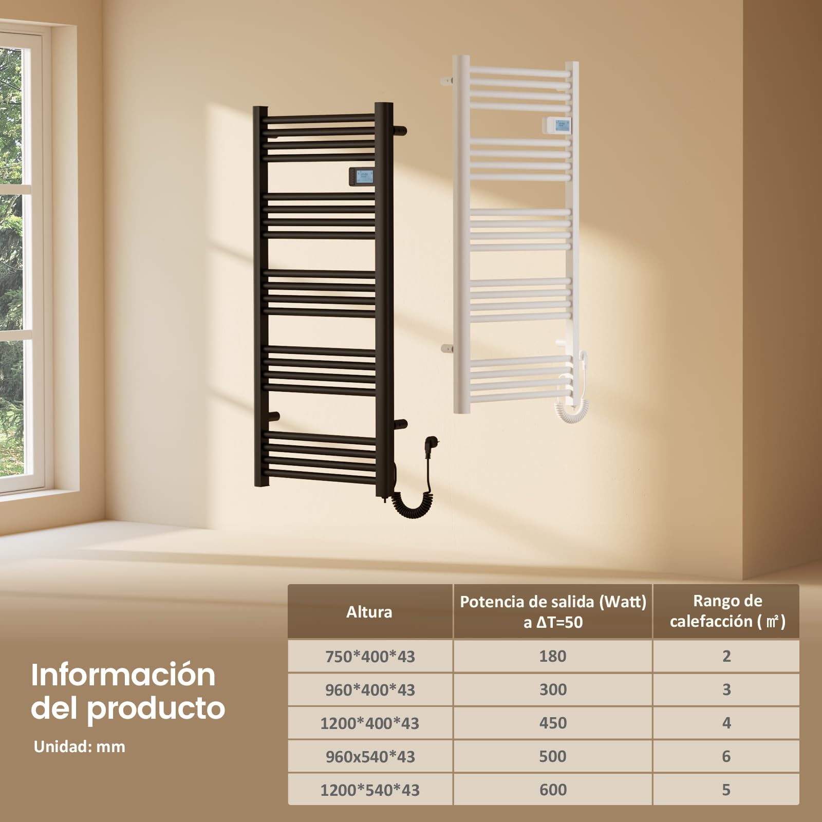 EMKE Toallero electrico baño 120x40 cm,450 W,Negro | Radiador de Baño con Controlador de Pantalla Digital, Secador de Toallas Eléctrico Recto