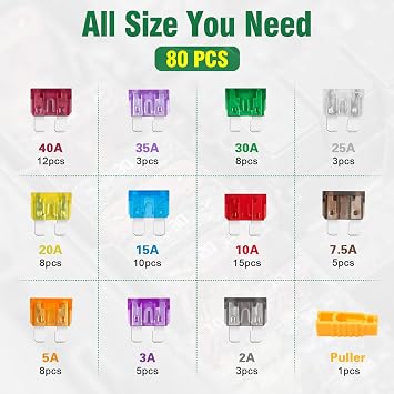 Bolatus 80Pcs Standard Car Fuses - Blade Fuse Set 2A to 40A for Automotive, Caravan, Motorcycle, Truck, RV + Fuse Puller