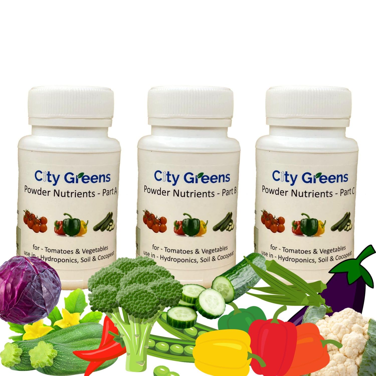 City Greens Hydroponic Powder Nutrient Makes 300 Litres Of Nutrient Solution for Tomatoes, Bell Pepper, Cucumber, Zucchini, and All Vegetables - Part A,B & C.