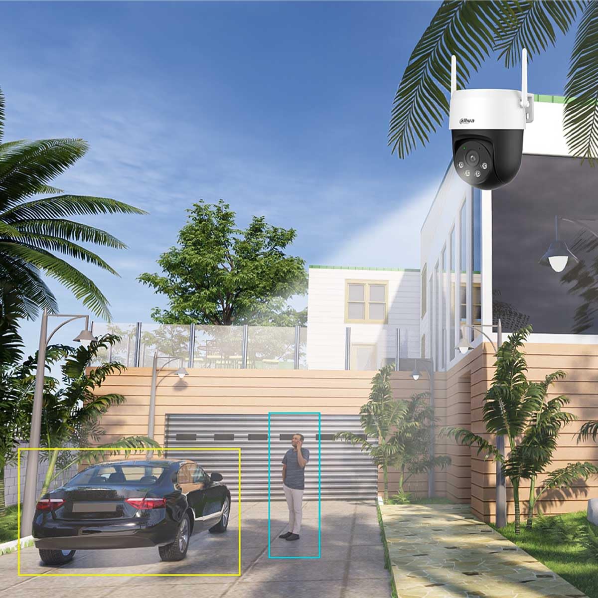 Dahua Picoo A2 - Telecamera di sicurezza WiFi da 5 MP con rilevamento di persone e veicoli, sirena, luci di allarme rosso-blu, monitoraggio intelligente, Wi-Fi 6, visione notturna, rilevamento di
