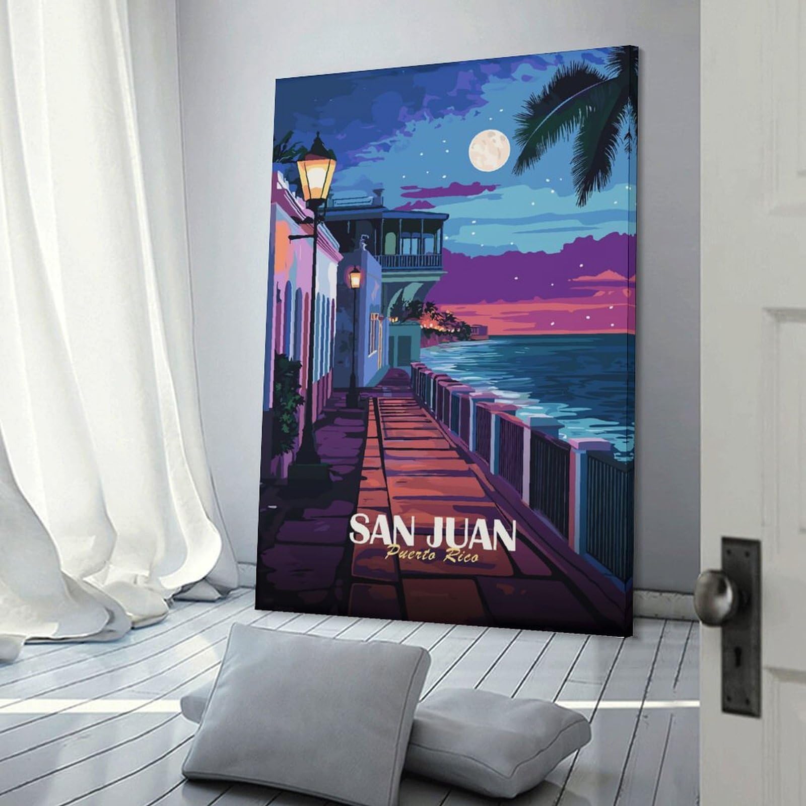 Junmoney San Juan, Puerto Rico Nightscape Canvas Wall Decor, 20x30inch(50x75cm), for Gallery Wall Decor And Room Displays, Wall Decor Suited to Curated Displays