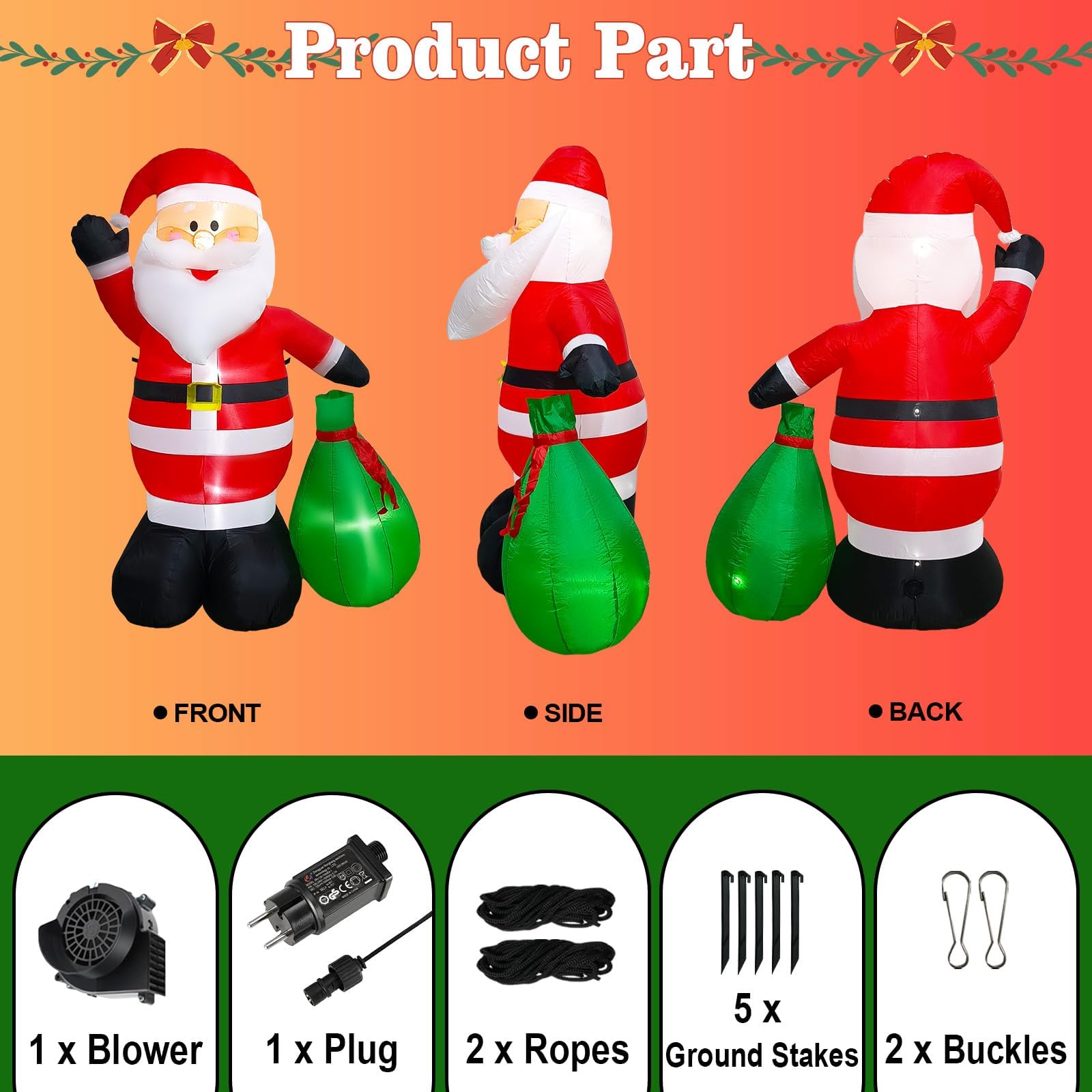 6FT (180CM) Inflables navideños Altos Papá Noel con Bolsa de Regalo, Inflables navideños de Papá Noel para Decoraciones navideñas inflables al Aire Libre para Patio