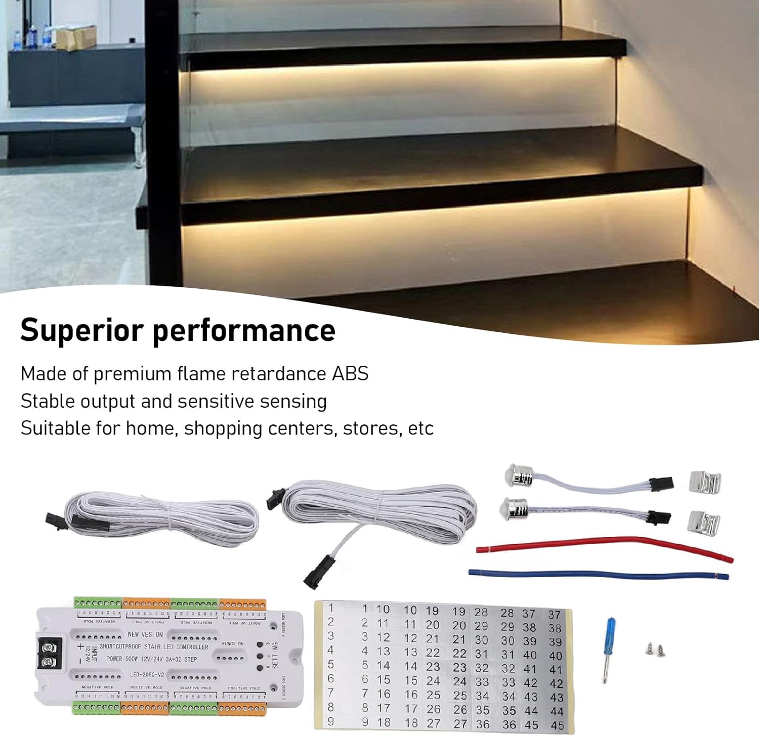 Intelligent Motion Sensor Cascading LED Stair Lighting Kit, 7.1in Length LED Light Bar with 16.4ft Cord, Cuttable LED Strip Light for Indoor LED Stair Lights LED Step Lights