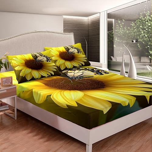 Miniatura 4 de Castle Fairy Juego de sábanas bajeras de girasol, 4 piezas, sábanas de mariposa colorida 3D, sábana encimera de moda, ropa de cama suave de lujo