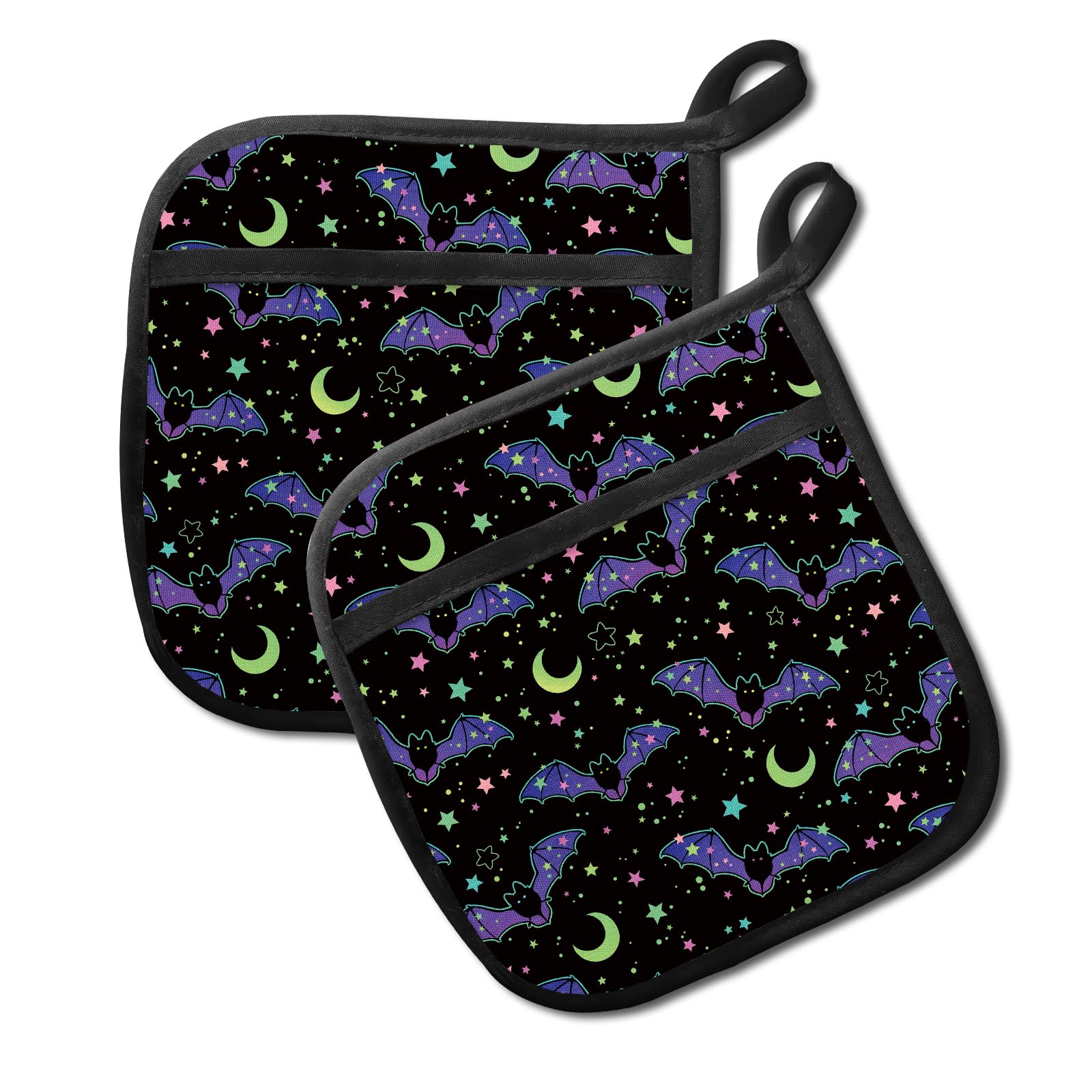 JYCardPKT Pot Holders for Kitchen, Heat Resistance Hot Pads, Cute Potholder with Pocket for Kitchen Cooking Baking 2 Packs, Purple Bats