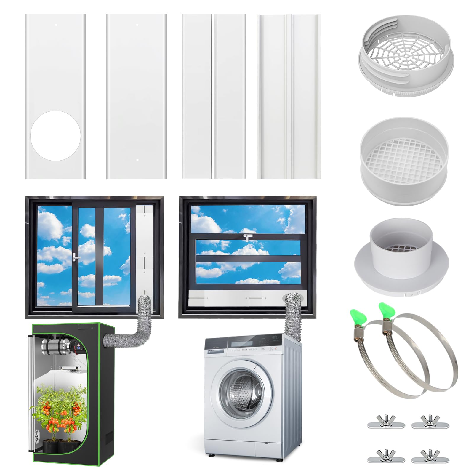 Fensterkanal-Set, Trockner-Fenster-Lüftungs-Set, passend für 10,2 cm / 15,2 cm Luftführungen und 13 cm / 15 cm Schlauch, tragbare verstellbare Schiebefensterdichtungen für HVAC-Kanäle,