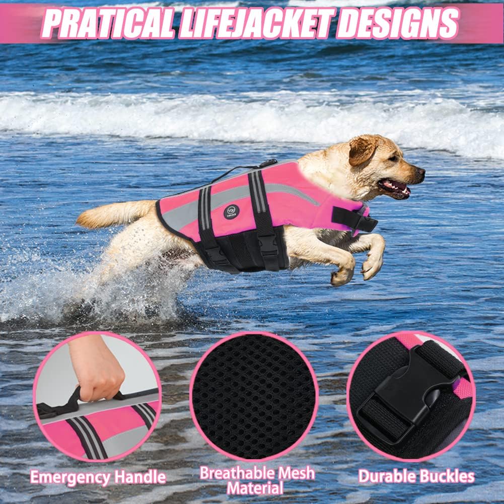 EMUST Dog Life Vests, Adjustable Dog Life Jackets for Small Dogs with Enhanced Buoyancy, Small Pet Flotation Vest with Durable Rescue Handle, Pink,XS