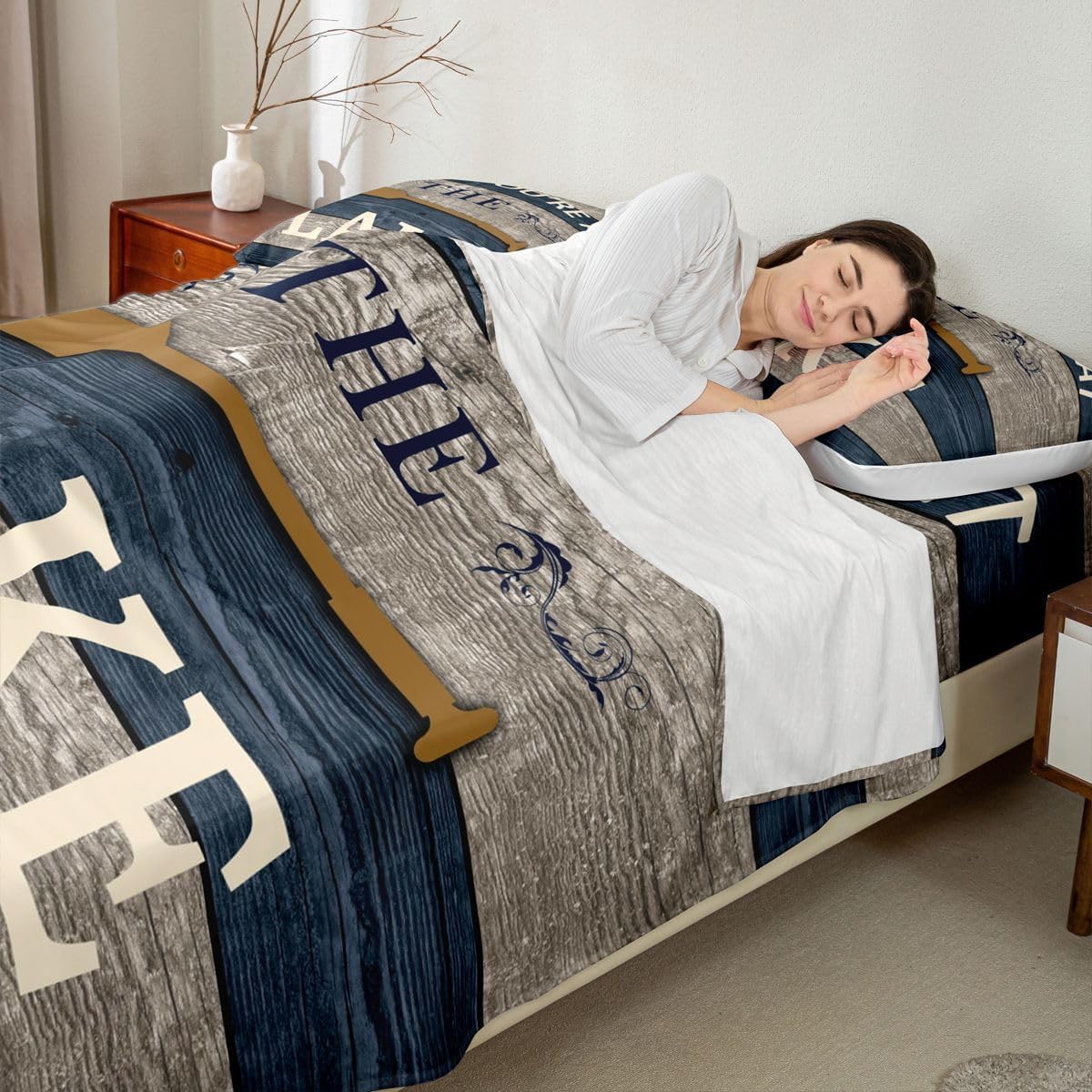 Erosebridal Lake Paddle Decor Sheets Full, Lake House Decor Bed Sheets Set for The Home Rustic Farmhouse Old Barn Sheet Set Brown Dark Blue Wooden Planks Top Sheet with 2 Pillow Cases