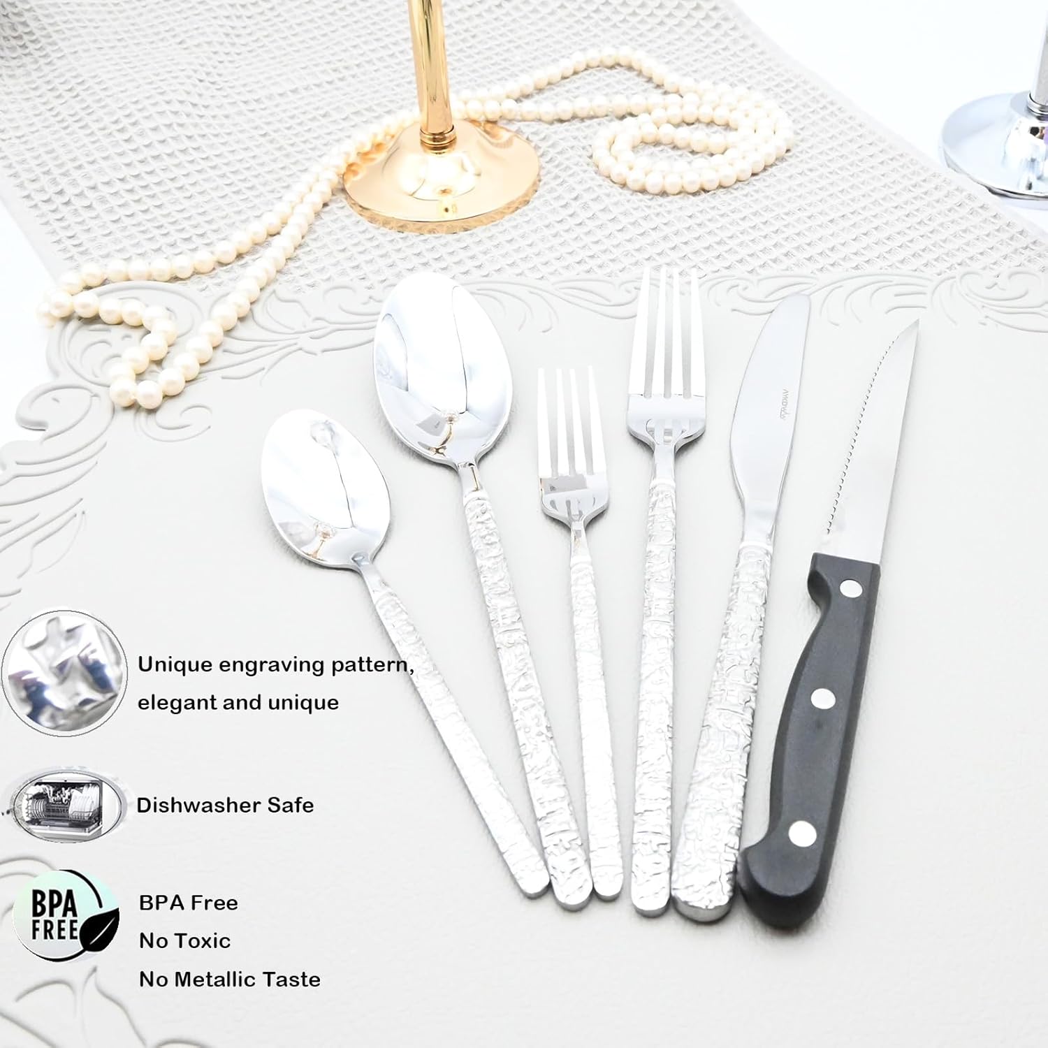 24 Piece Premium Stainless Steel heavy Flatware Set, Silverware Set for 24,Food-Grade Tableware Cutlery Set,Service for 4 Tableware Including Steak Knife,Dishwasher Safe