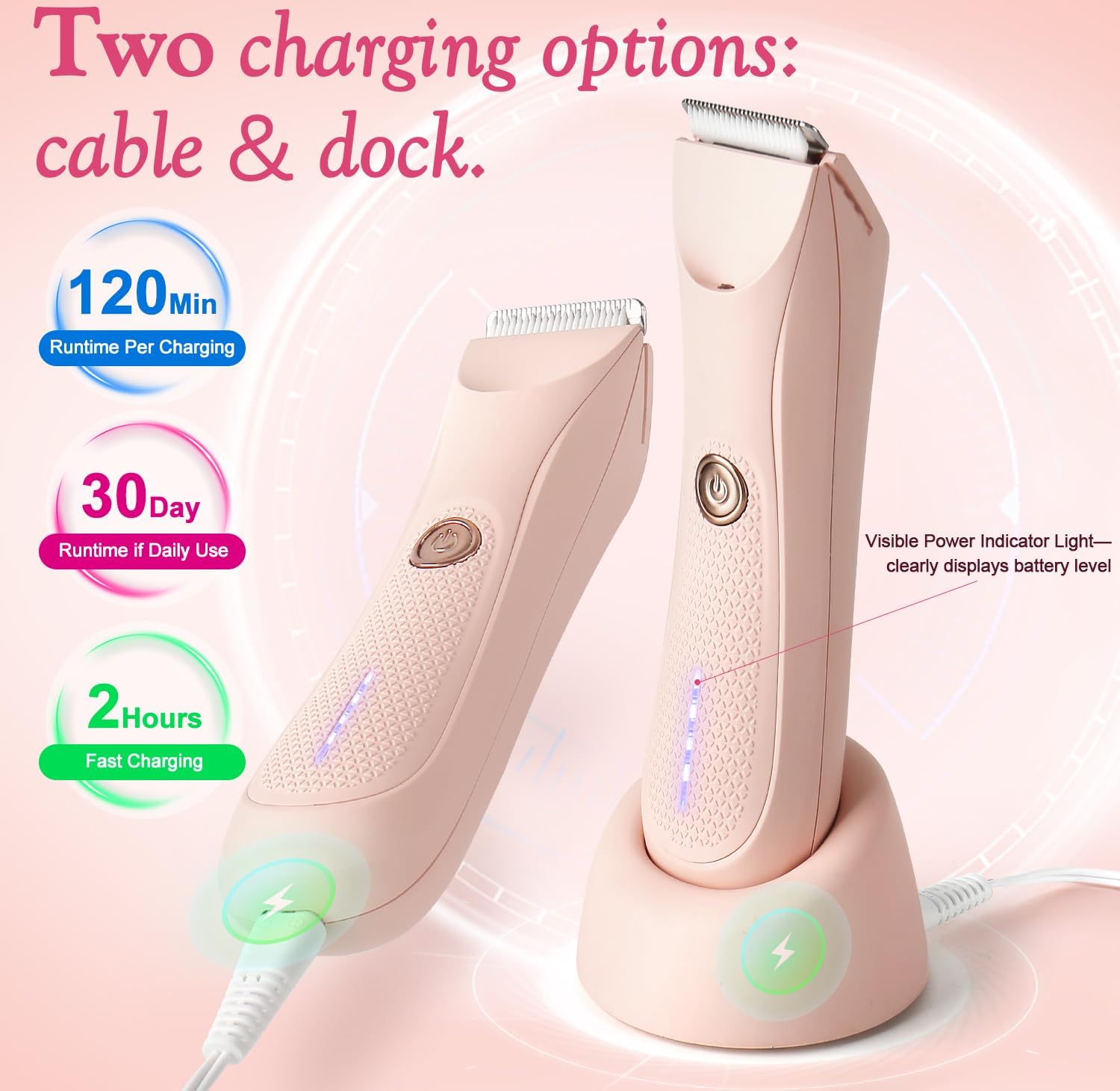 Riokko Bikini Trimmer for Women with LED Light and IPX7 Waterproof Dual Charging, Skin-Safe Cordless Pubic Hair Shaver with Battery Indicator - Image 5