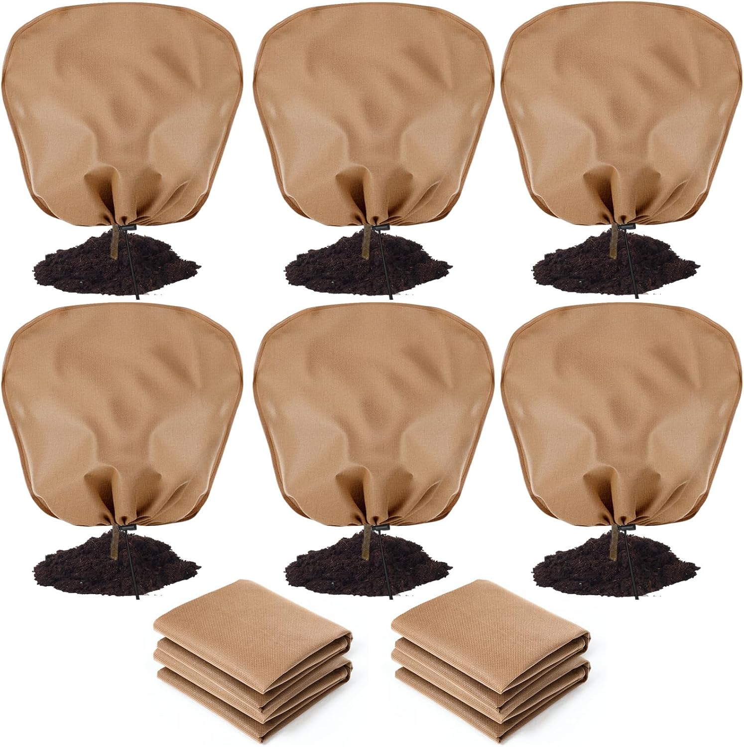 12 Pcs Winter Plant Covers Freeze Protection Reusable Plant Protector Bag with Drawstring Warm Shrubs Cover Frost Protection Planting Jacket Bags for Outdoor Garden, Brown (39.4 x 39.4 Inch)