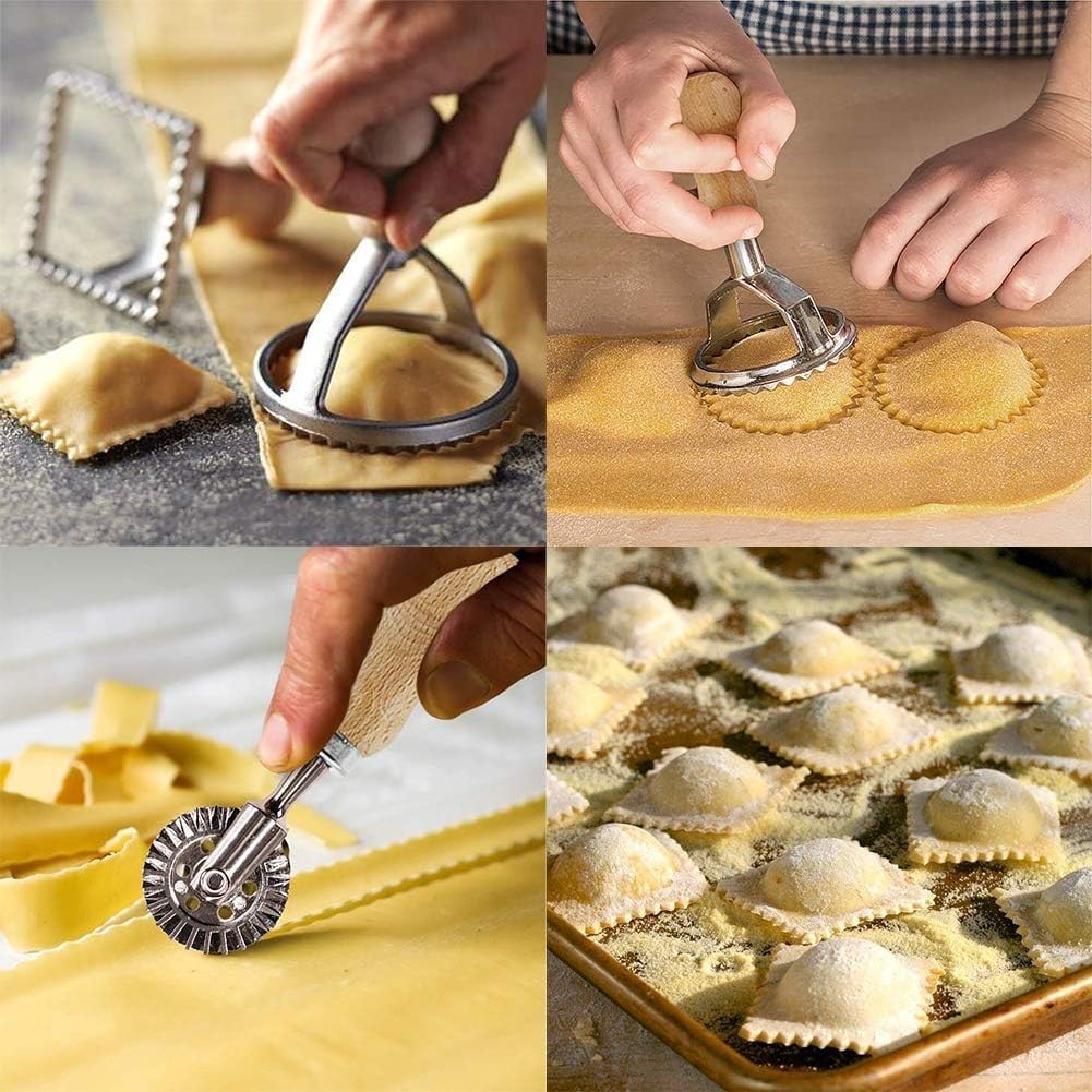 DAKFOOK Set 5 Stampini Per Ravioli Con Manico In Legno – Forme Quadrate, Rotonde E Cuore Per Pasta, Gnocchi E Pasticceria - 3