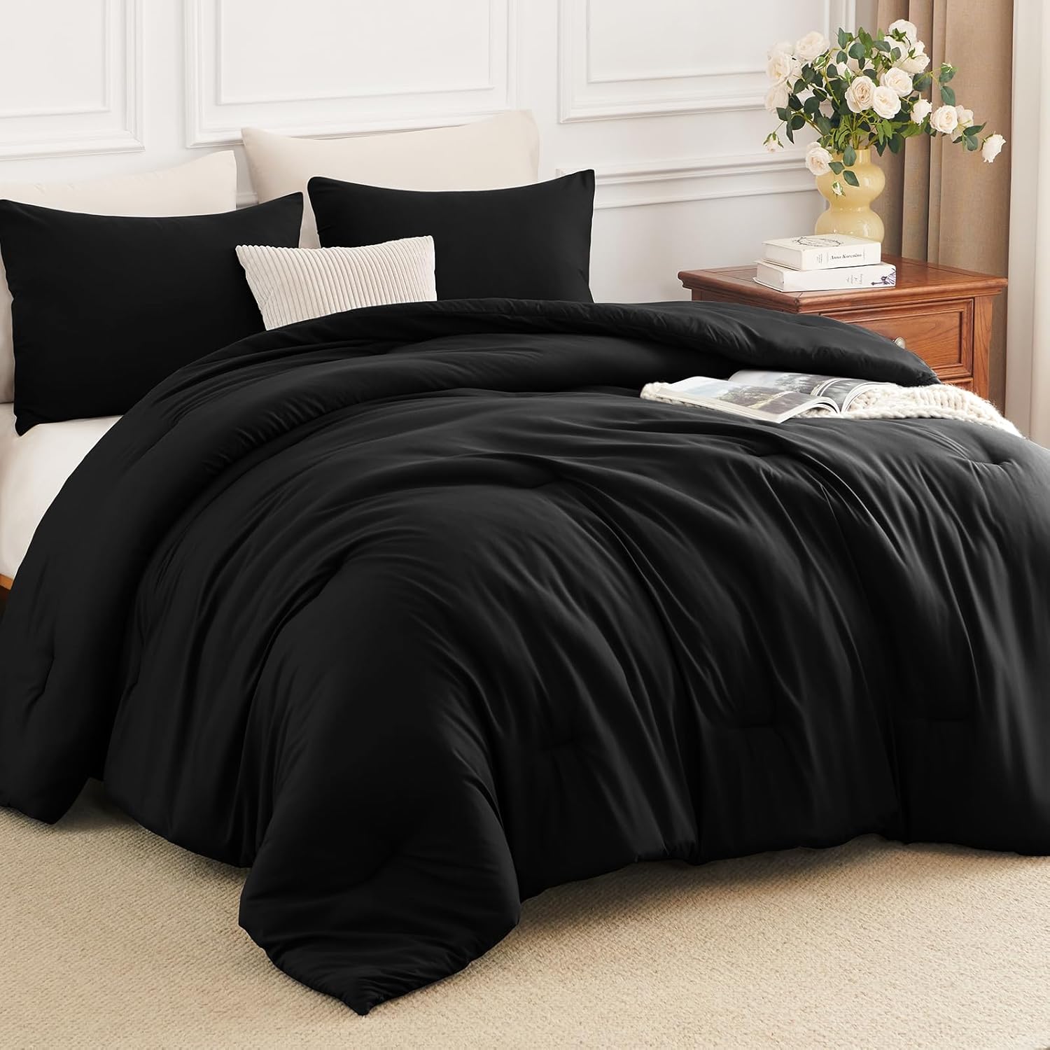 HIMEET Queen Comforter Set - 3 Pieces Queen Size Comforter Sets, Luxury Breathable & Soft Comforter Set for All Season, Bedding Set with 1 Boho Down Alternative Comforter & 2 Pillowcases, Black