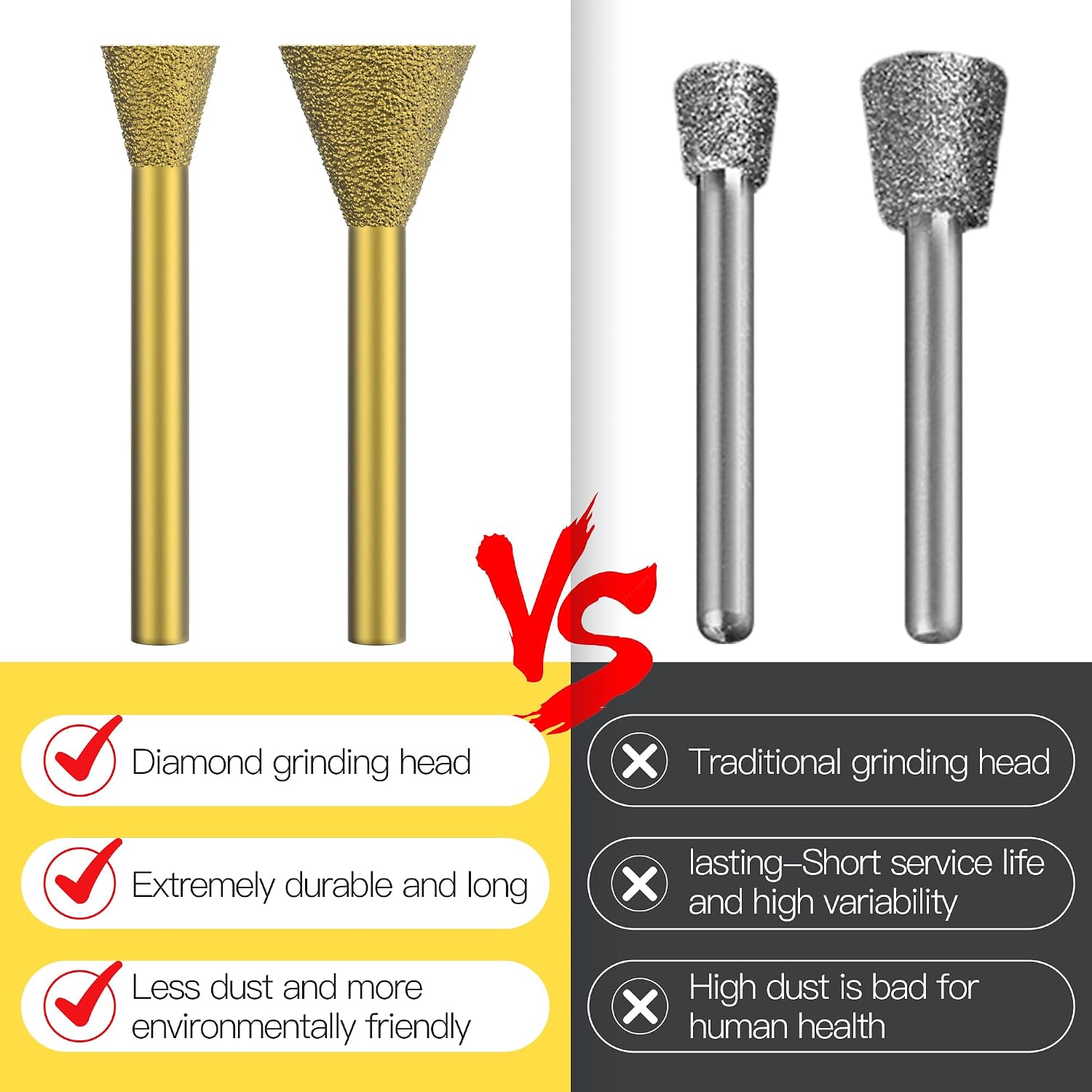 HUHAO Inverted Trapezoidal Shape Diamond Burr, Stone Carving Diamond Drill bits for Rotary Tool, Grinding Burrs for Stone Glass Resin Porcelain CeramicSteel Metal Carve Polish Engrave, 6 * 12mm
