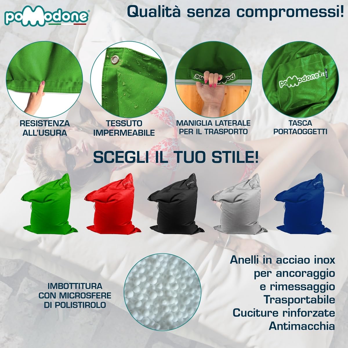 pomodone Pouf Poltrona Sacco Grande, Puffo per Sedersi Ergonomico, Pouf a Sacco Morbido in Tessuto Impermeabile, Antimacchia Comoda Poltrona a Sacco, Made in Italy pouf Verde