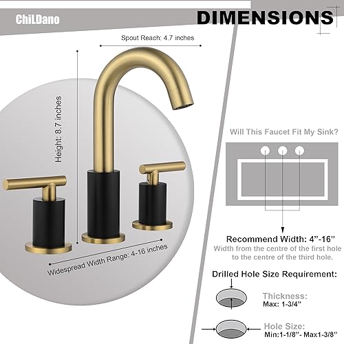 Miniatura 2 de Grifo de baño negro y dorado de 3 agujeros con drenaje desplegable (con sobreflujo) y manguera de suministro, grifo de fregadero de baño de acero
