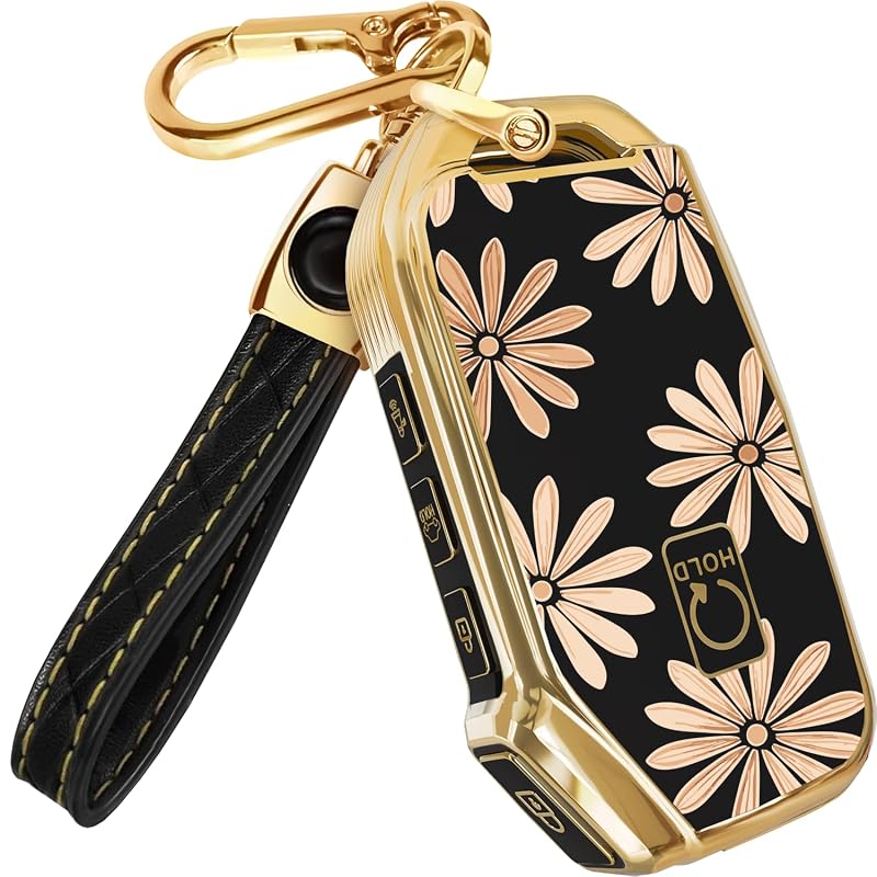 Capa para chave Kia em TPU com chaveiro de couro Lucrum Flower Vibe, 5 botões, não flip