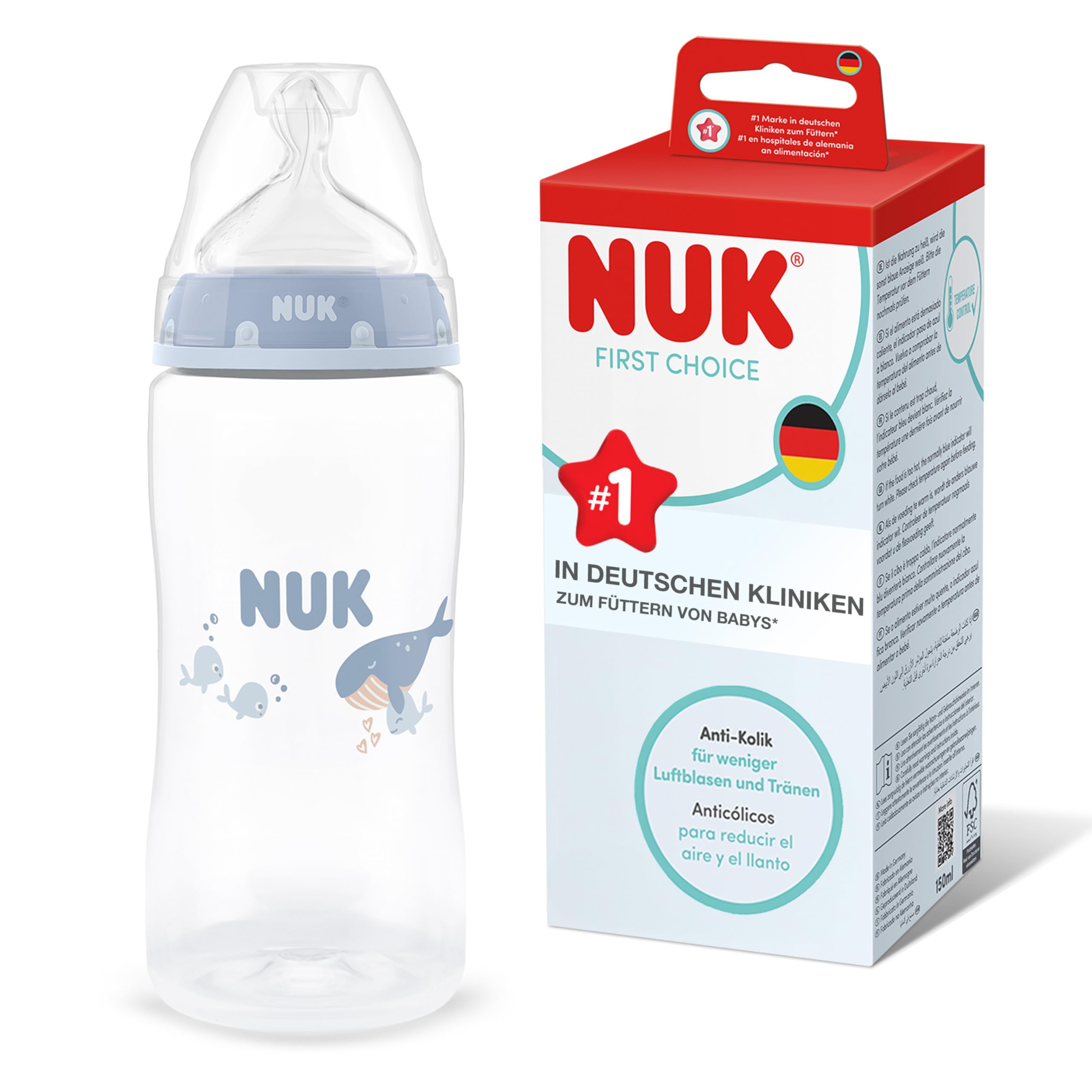 NUK First Choice Babyflasche | 3+ Monate | 300 ml | Anti-Kolik-Trinkflasche | PP | Temperature Control Anzeige | Wal | 1 Stück