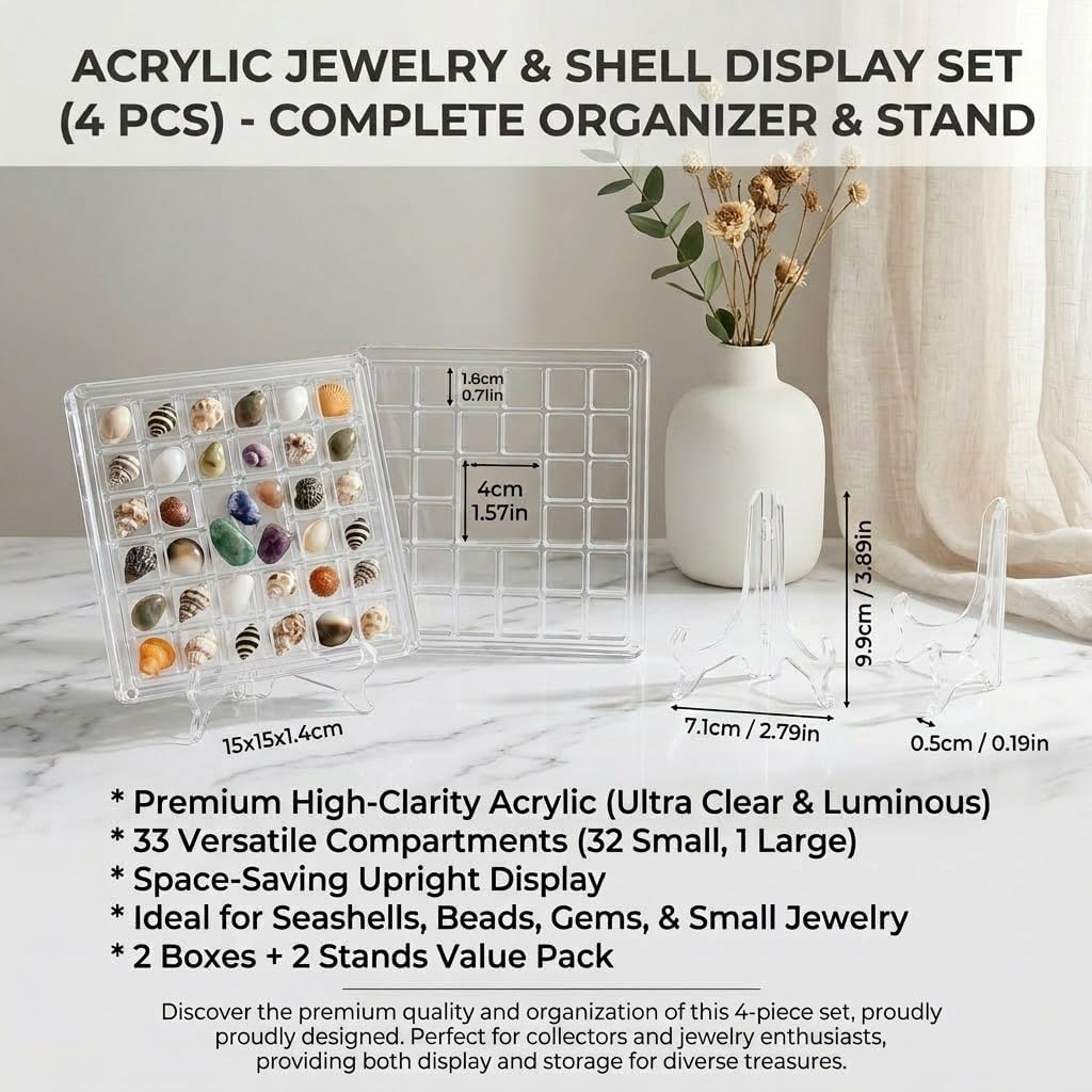 4 Pack Acrylic Magnetic Seashell Display Box - Clear Shell Display Case with Stands for Tiny Sea Shells, Mineral & Jewelry Organizer image 2