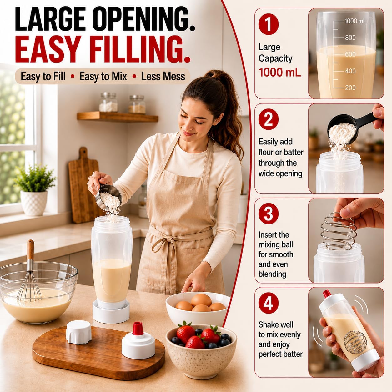 2PCS Pancake Batter Dispenser, Squeeze Bottle for Pancake Batter, 1000ml Pancake Dispenser Bottle, Pancake Mix Bottle, With Silicone Egg Mold, Waffle Batter Dispenser for Crepes, Muffins & Cupcakes