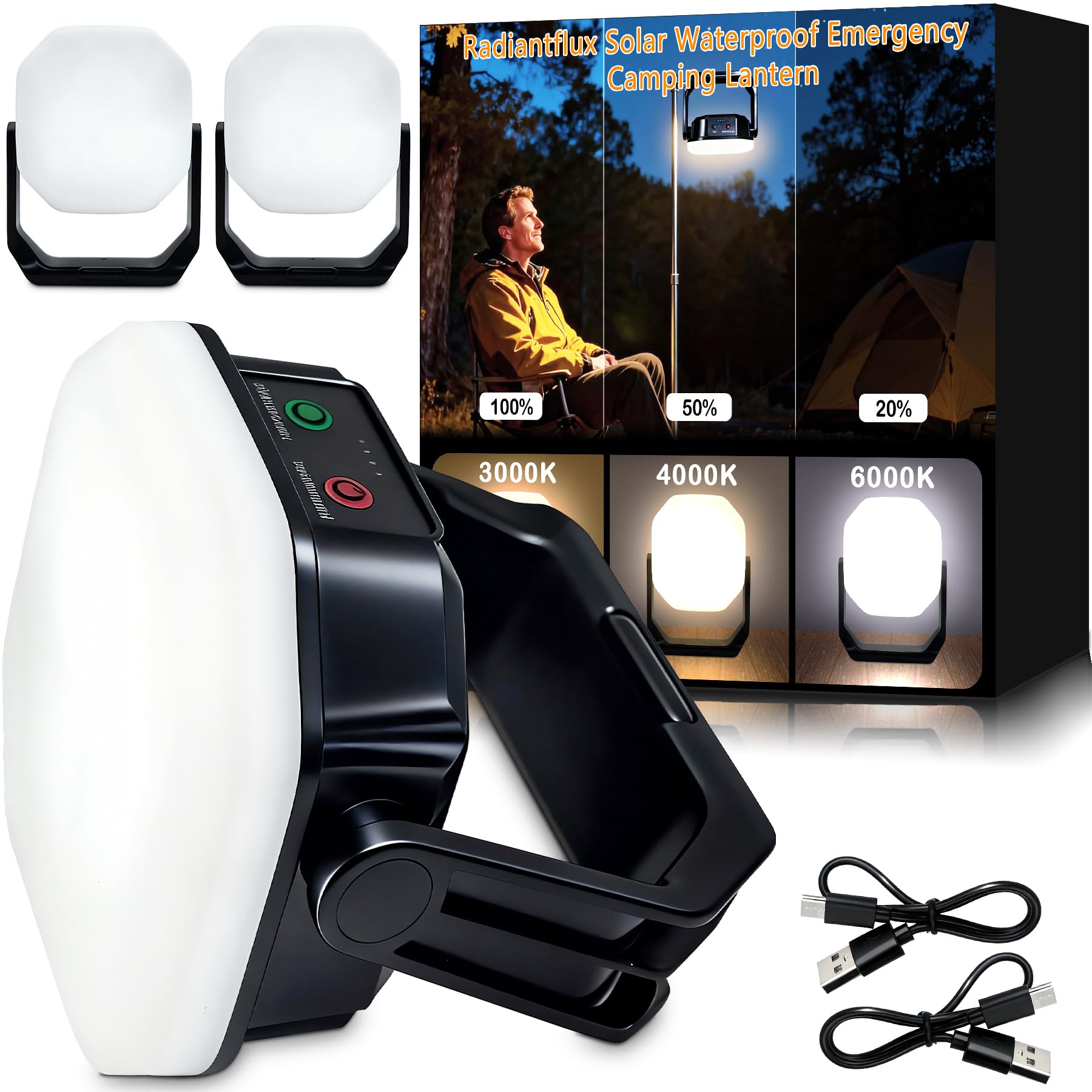 2000LM Battery Powered LED Camping Lantern, Waterproof Tent Light with 4 Light Modes, Camping Essentials, Portable Lantern Flashlight for Camping, Emergency Light, Power Outages (Black, 2set)