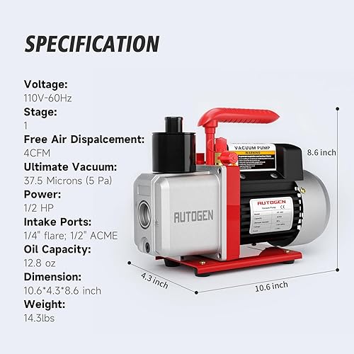 Miniatura 6 de Bomba de vacío HVAC de paletas rotativas 4CFM 5 Pa 13HP AC R410a Puerto de entrada de 14 pulgadas, 1 etapa para recarga de refrigerante HVACAUTO CA,
