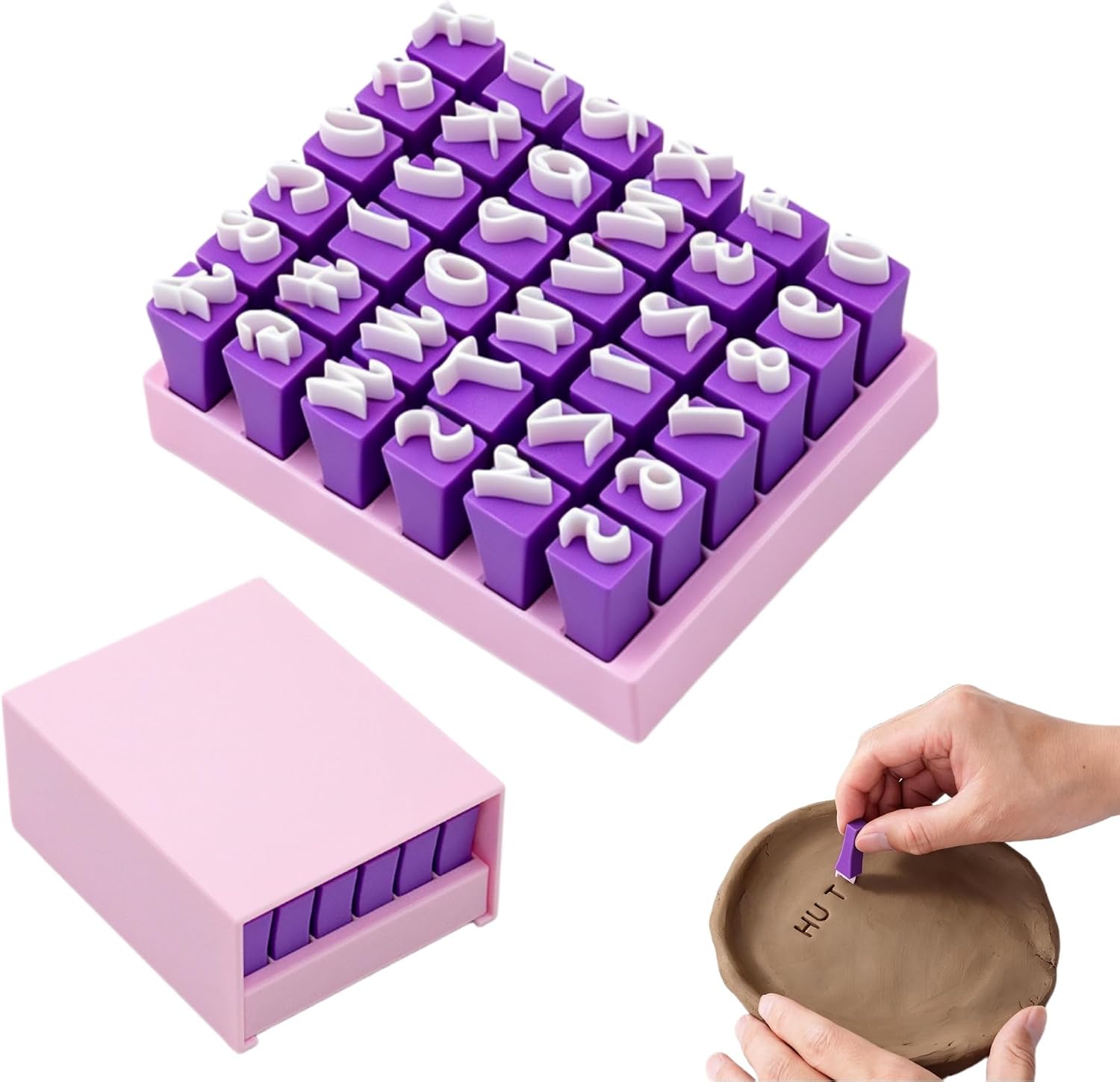 36PCS Plastic Clay Stamps with Storage Box, Alphabet Number Symbol Mini Pottery Ceramic Tools for DIY Handmade Decor Gifts (Purple Uppercase Letters)