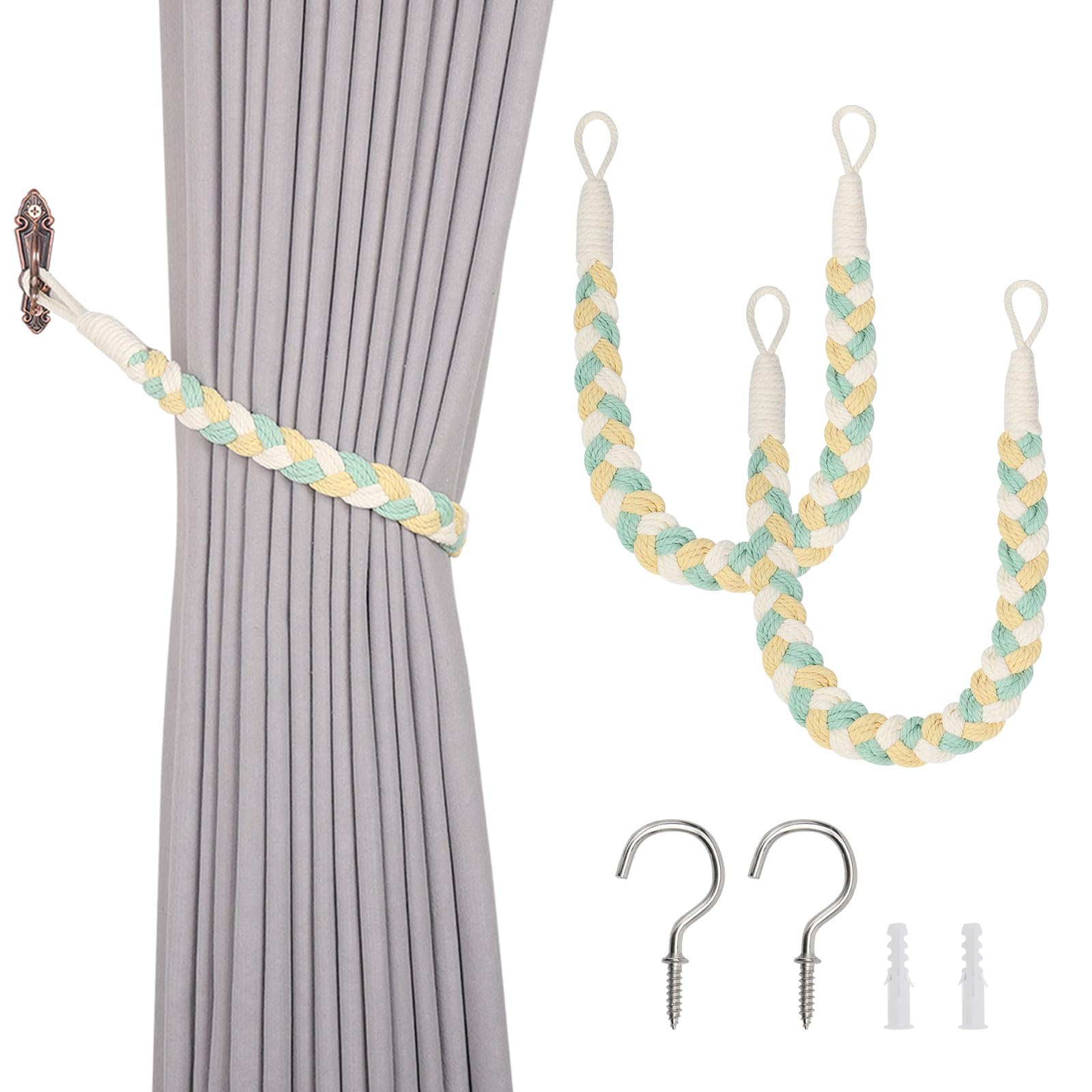 Pretty Jolly 2 Pack Natural Cotton Rope Curtain Tiebacks Elegant Boho Style Decorative Drape Tie Backs Soft Hand-Woven Rope Curtain Holdbacks with Metal Hook for Home & Office Drapery (Yellow & Green)