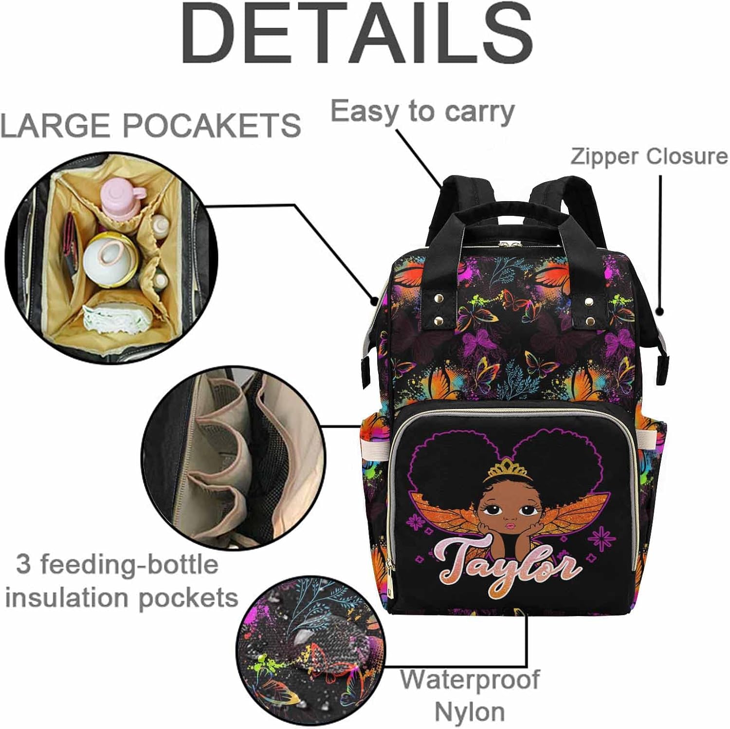 M YESCUSTOM Personalized Name Diaper Bag Custom Colorful Butterfly and Black Women Mommy Nursing Bag for Women/Men Customized Large Capacity for Travel Mother's Day Gift