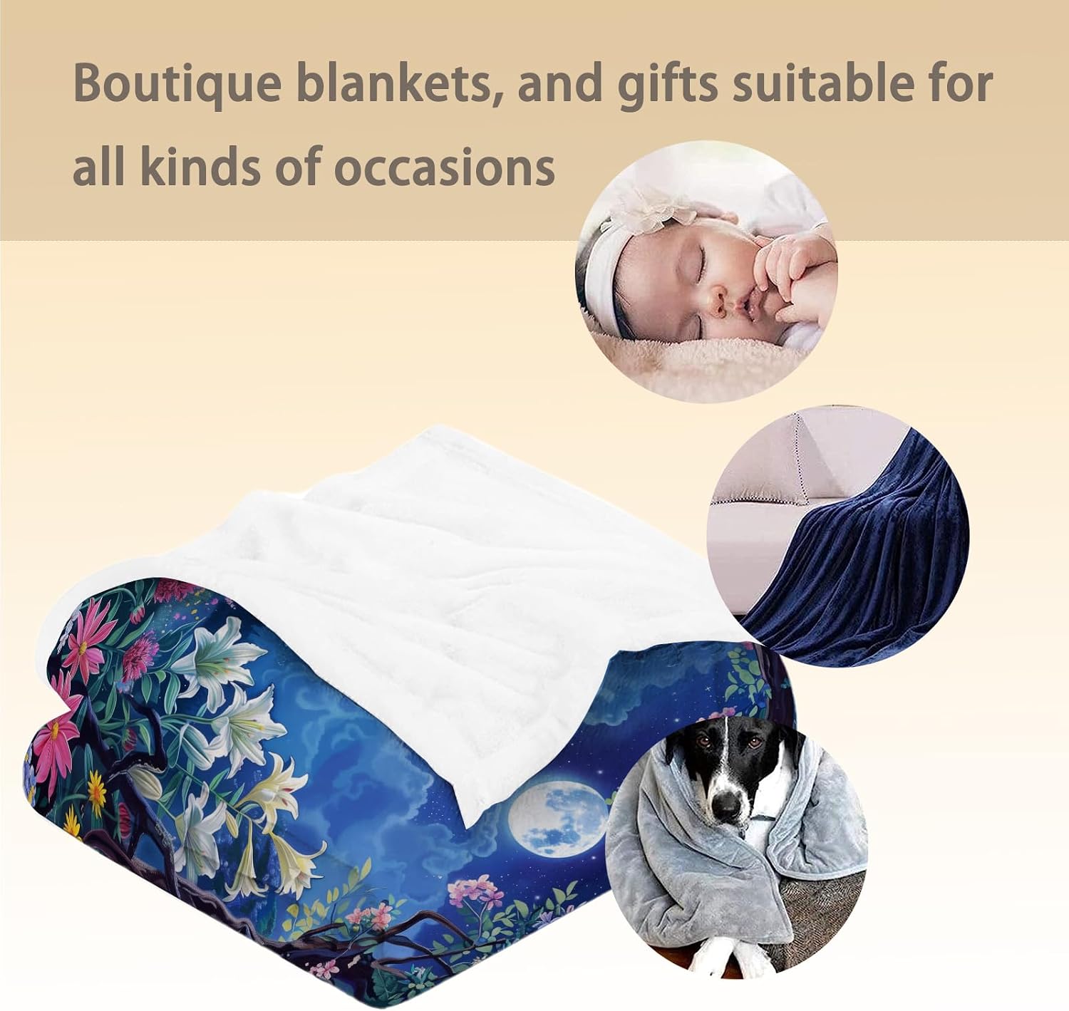 Beautiful Floral Blanket Soft Lightweight Cozy Garden & Moon Flannel for Adults Kids Women Girls Fuzzy Warm Throw Blankets for Bed Couch Living Room Office Travel Home Decor 60×50 in
