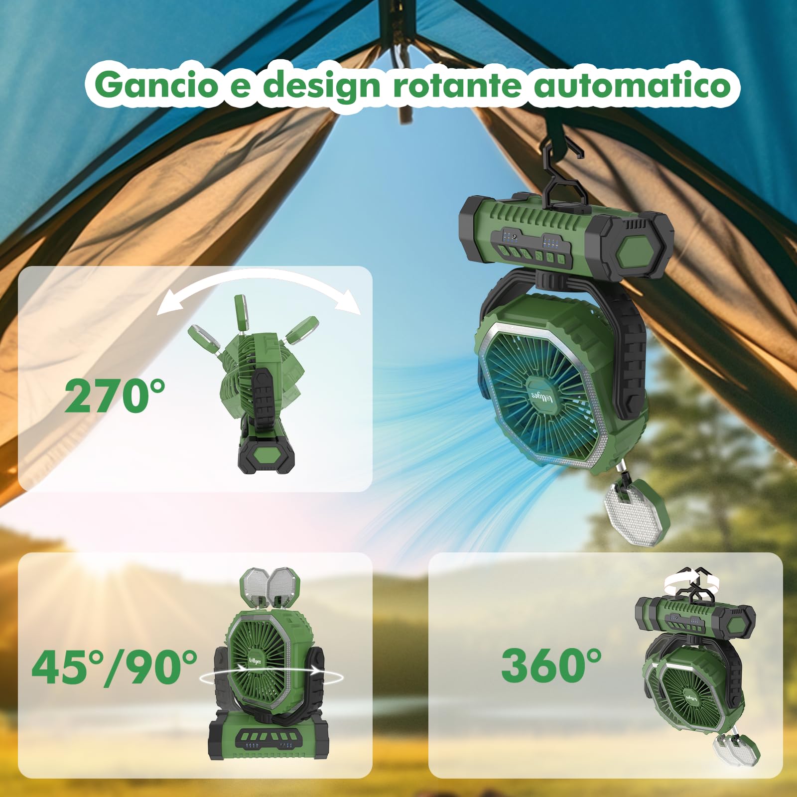 Ventilatore da Campeggio con Luce, Alimentazione a Batteria 20000mAh, Ventilatore Portatile Ricaricabile con Telecomando e Gancio Rotante a 360°, 4 Velocità per Interni, Viaggi, Camper (Verde)