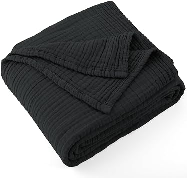 Carriediosa 100% Cotton Muslin Throw Blanket 70" X 80" Twin Size,4-Layers Summer Gauze Throws for Bed Couch,Soft Lightweight Breathable Linen Blankets Bedspread for Adults All Season,Black