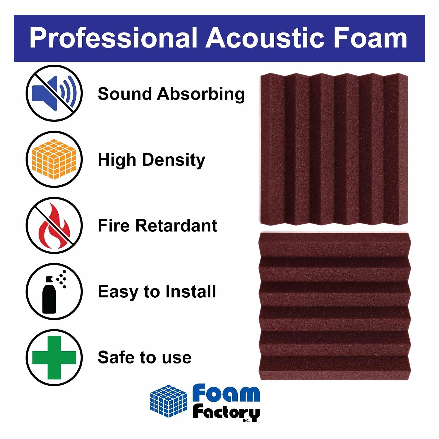 Foam Factory Inc 24 Pack Color Acoustic Foam Panel Studio Soundproofing Wedge Wall Tiles 12” X 12” X 2” (Burgundy)