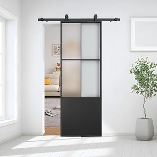 JUBEST 30" x 84" Glass Sliding Barn Door with Top Mounted Hardware Kit Included, 3-Panel Aluminum Frame and Frosted Tempered Glass French Door, Black, Easy to Install